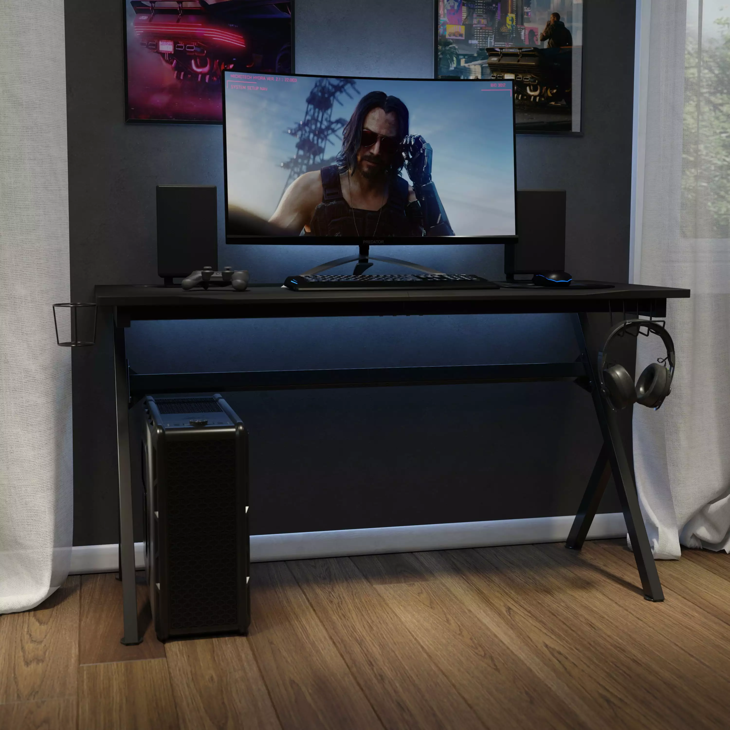 BizChair 55 x 24 Extra Large Gaming Desk Headphone Hook and Cup Holder