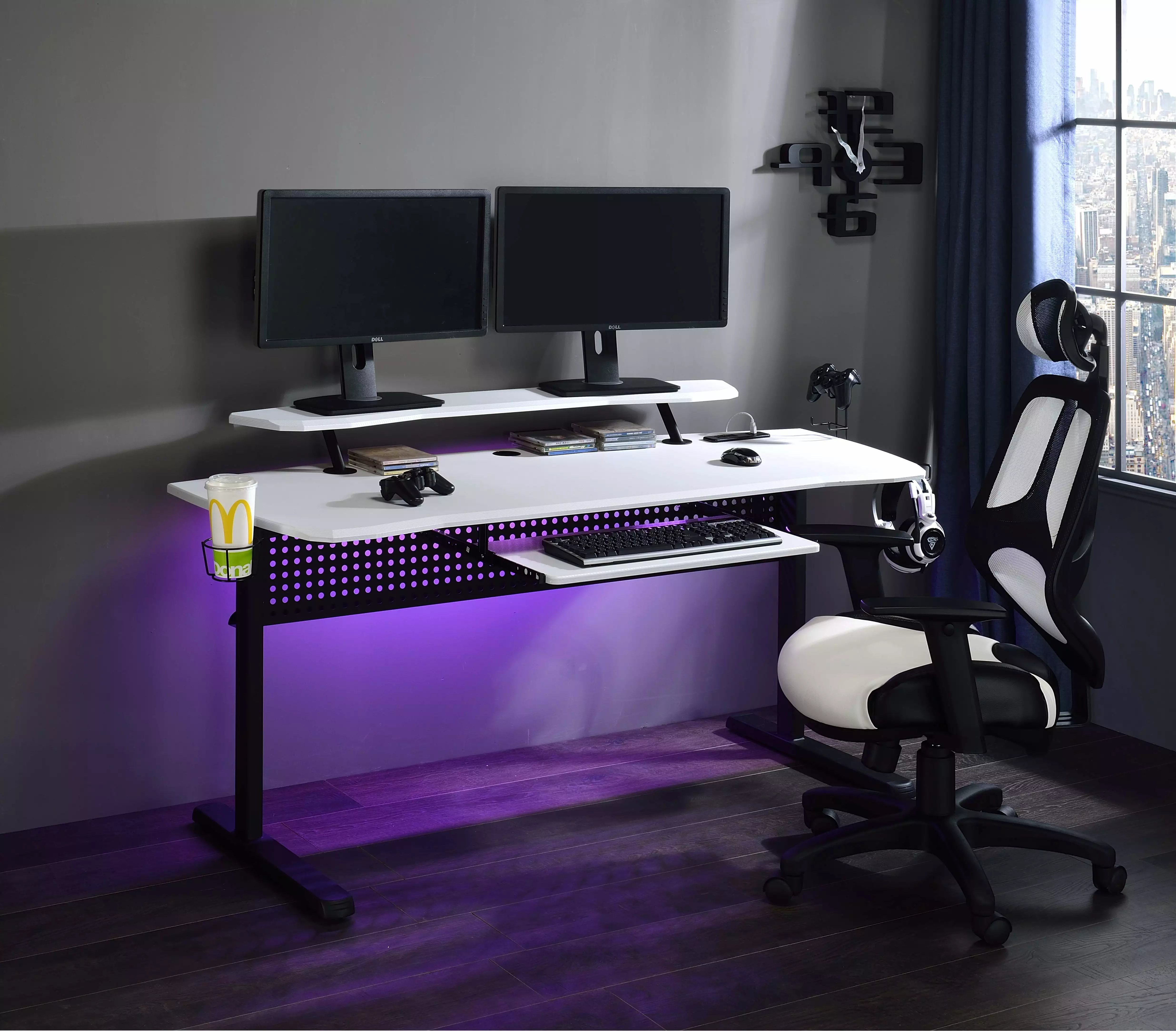 CoSoTower Vildre Gaming Table USB Port Black and White Finish