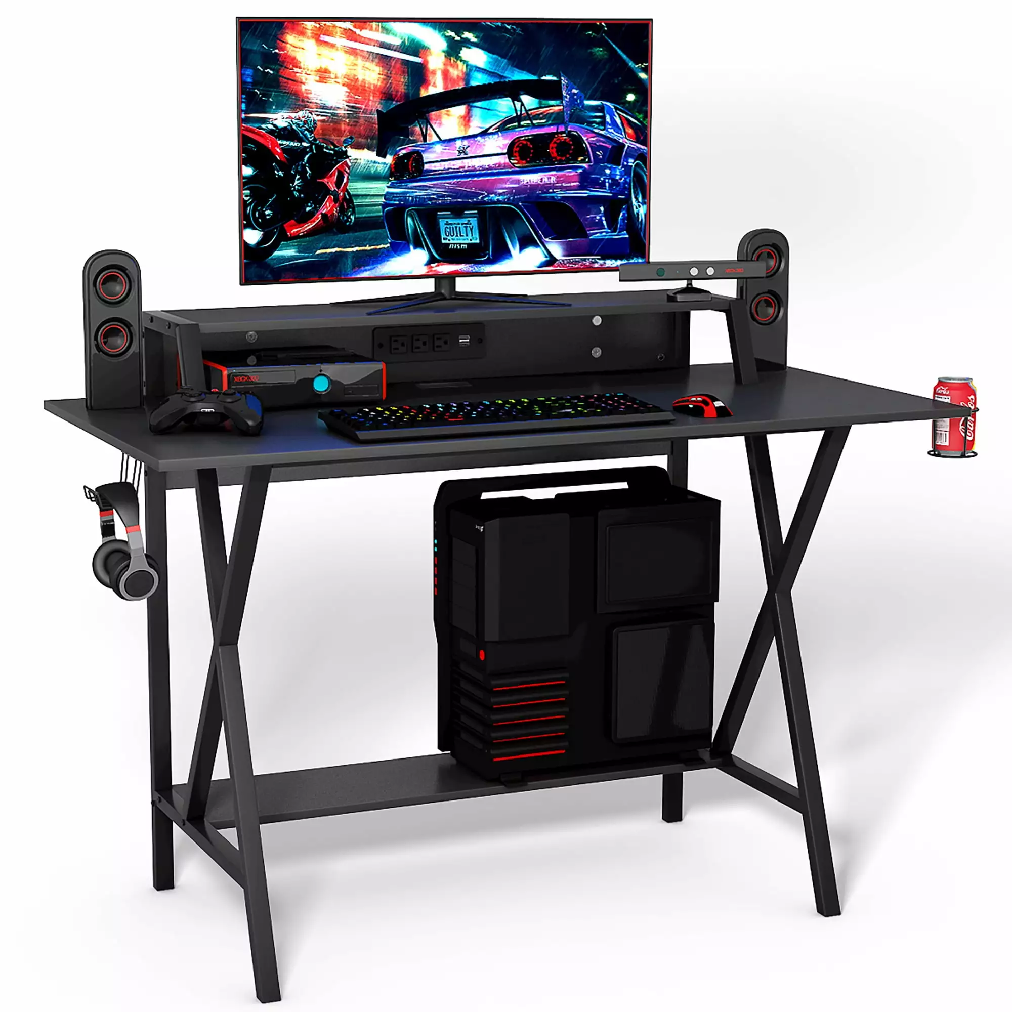 All One Professional Gaming Desk Cup Holder Headphone Holder and Power Strip Gamer Workstation Costway