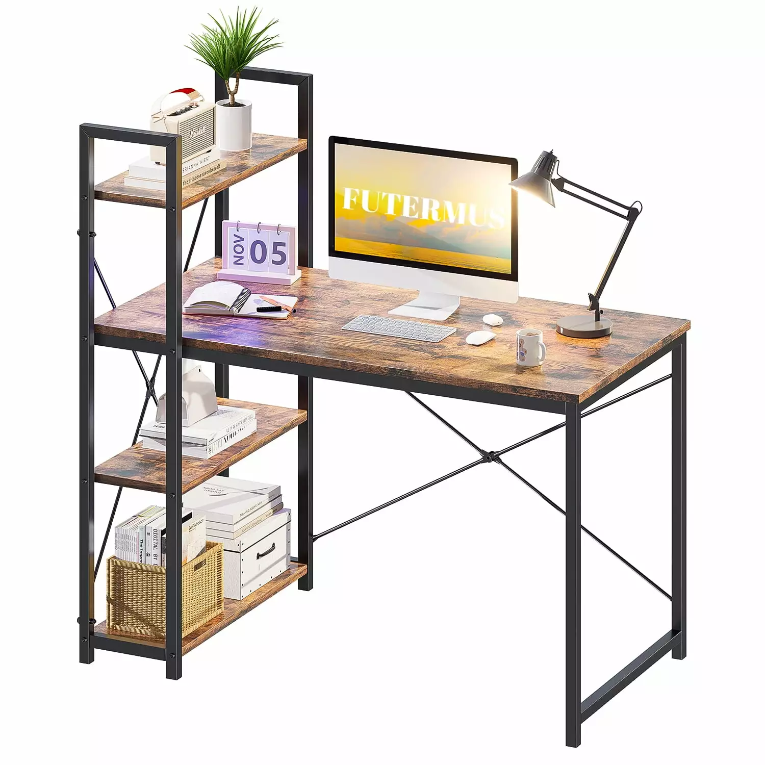 CToN Gaming Desk Reversible Storage Shelves Computer Desk LED Lights Height Adjustable Shelf