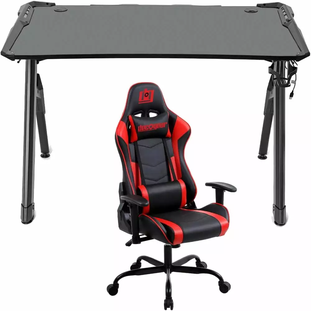 Deco Gear 47 Inch LED Gaming Desk Carbon Fiber Surface and Red Chair Bundle