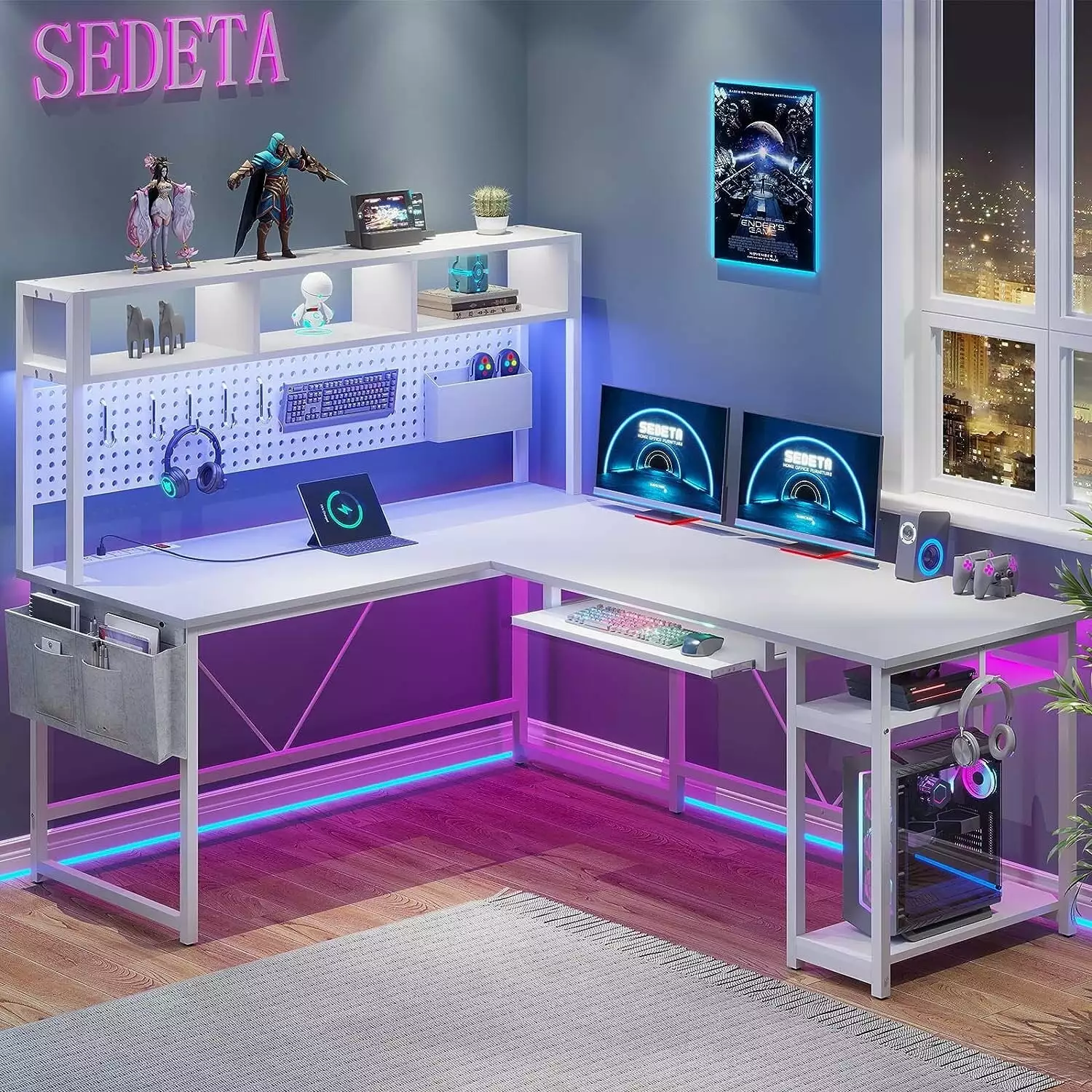 Reversible L Shaped Gaming Desk Hutch and LED Light Home Office DJ502952_3