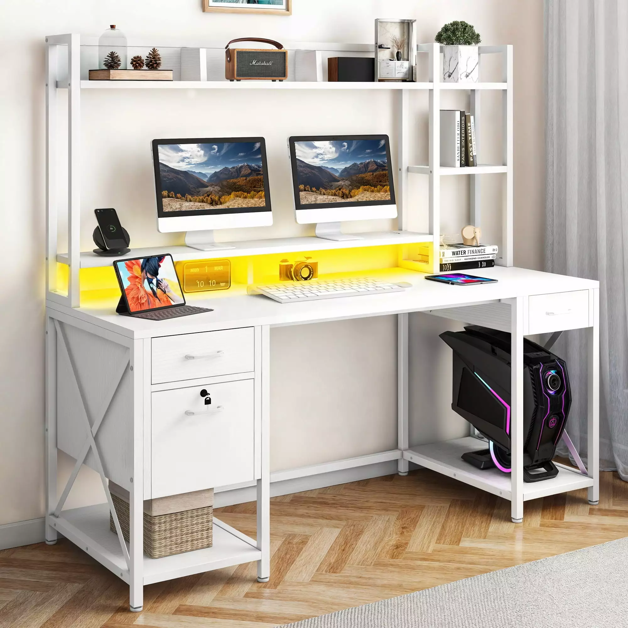 DWVO 59.1 Computer Desk Power Outlets Hutch and LED Lights