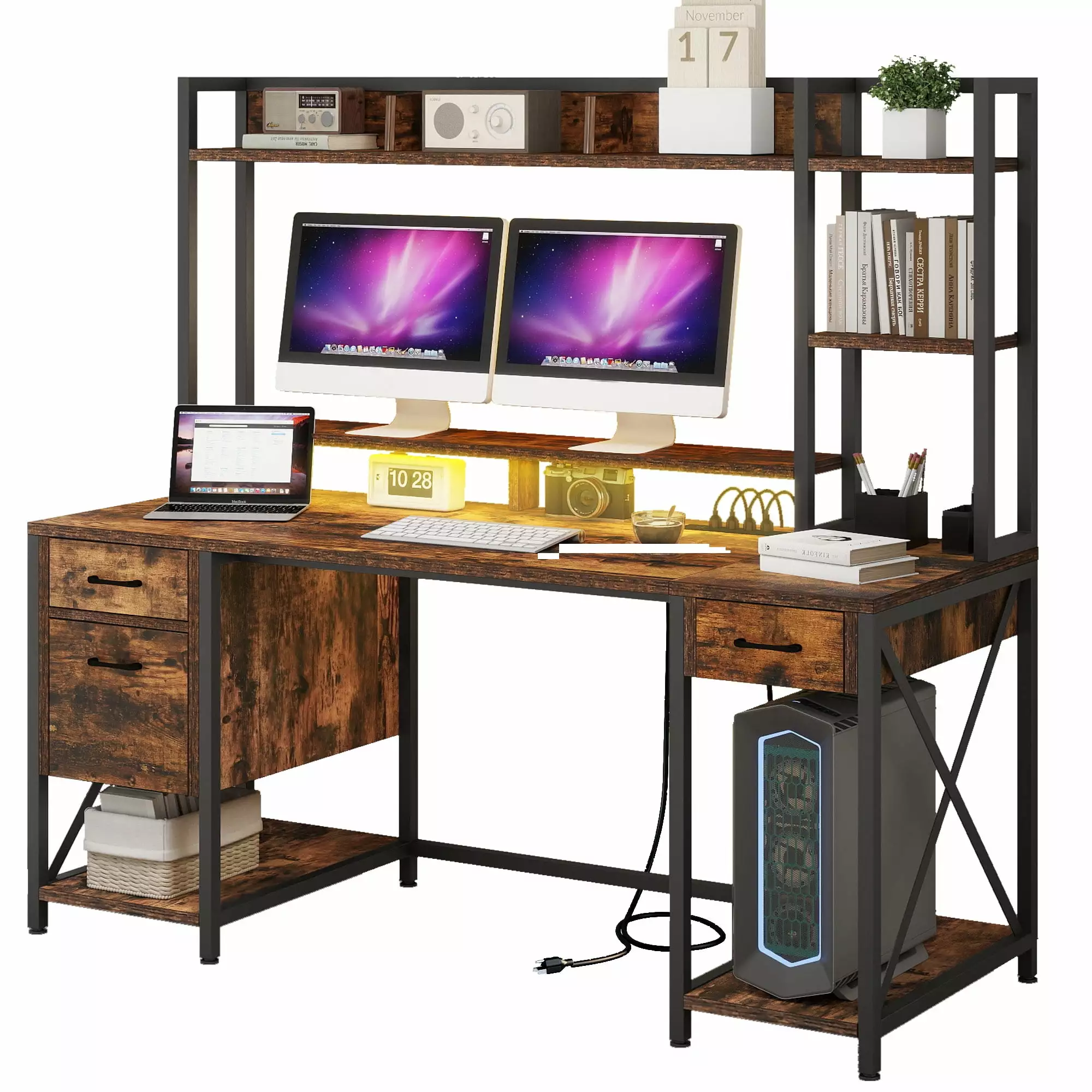 DWVO 59.1 Computer Desk Power Outlets Hutch Storage Shelves Drawers and LED Lights