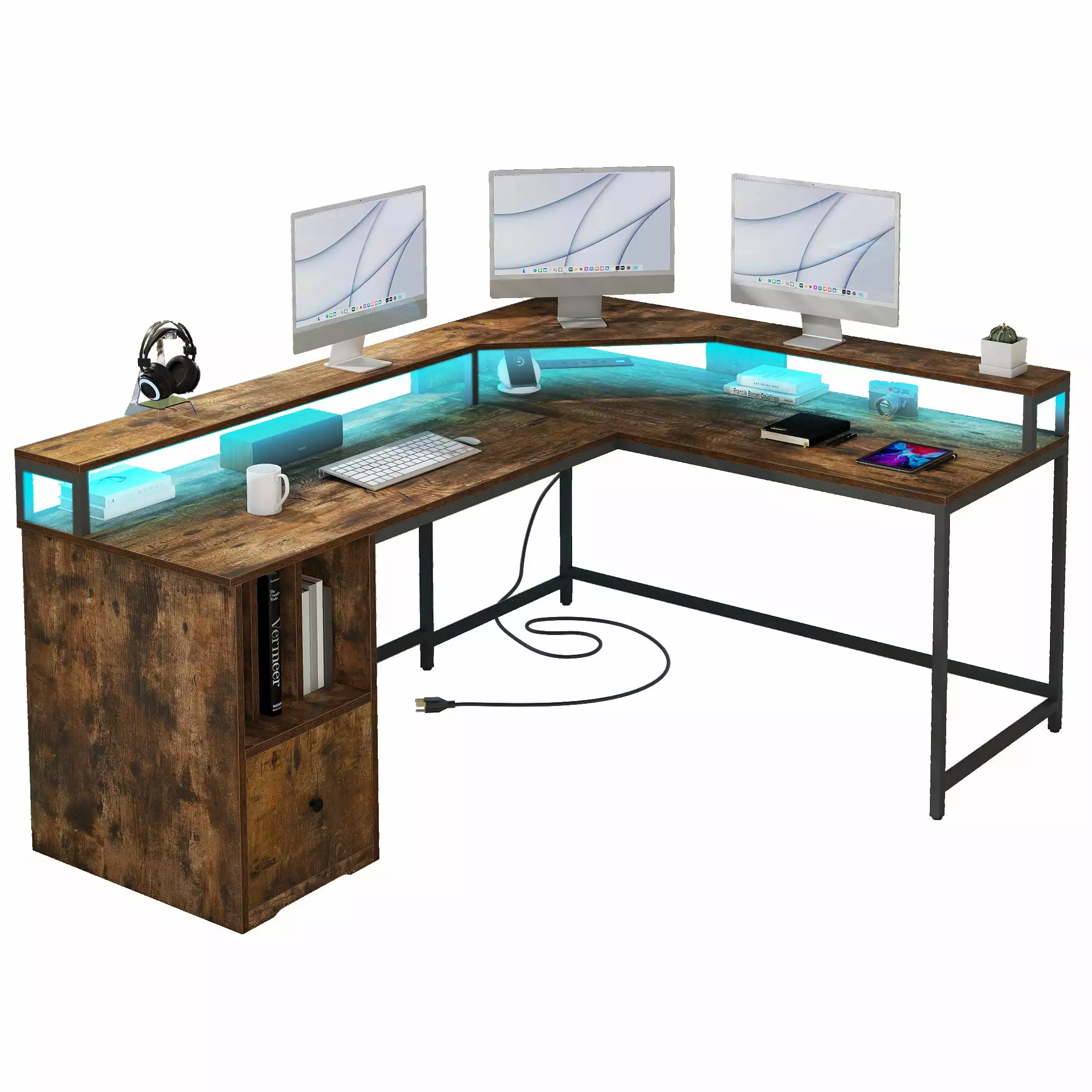 DWVO Computer Desk Power Outlets & LED Lights 67 Inch L Shaped Desk File Drawer Corner Desk Home Office Desk Monitor Stand