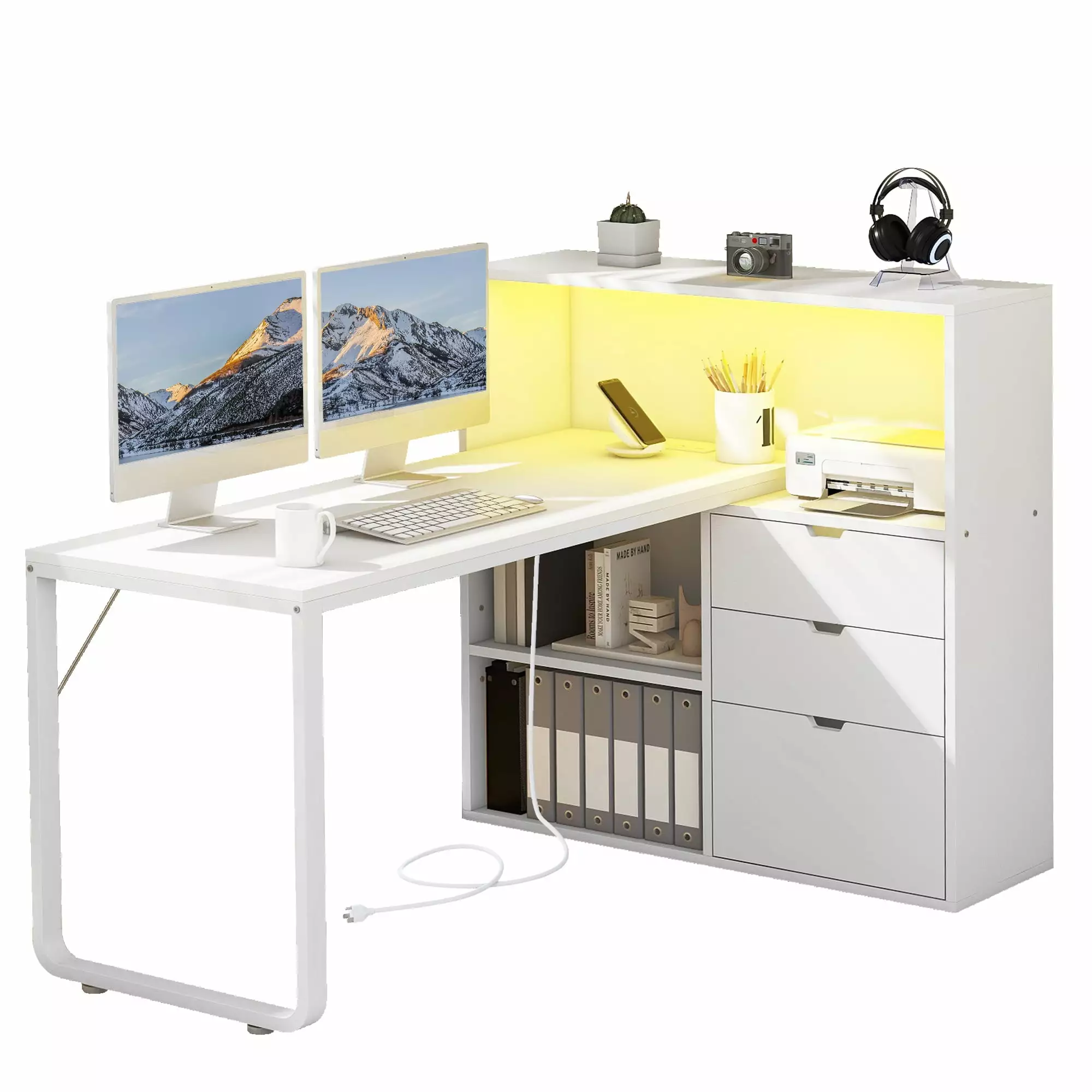 DWVO 55 Inch L-Shaped Desk LED Lights Drawers Power Outlets and Storage Shelves White