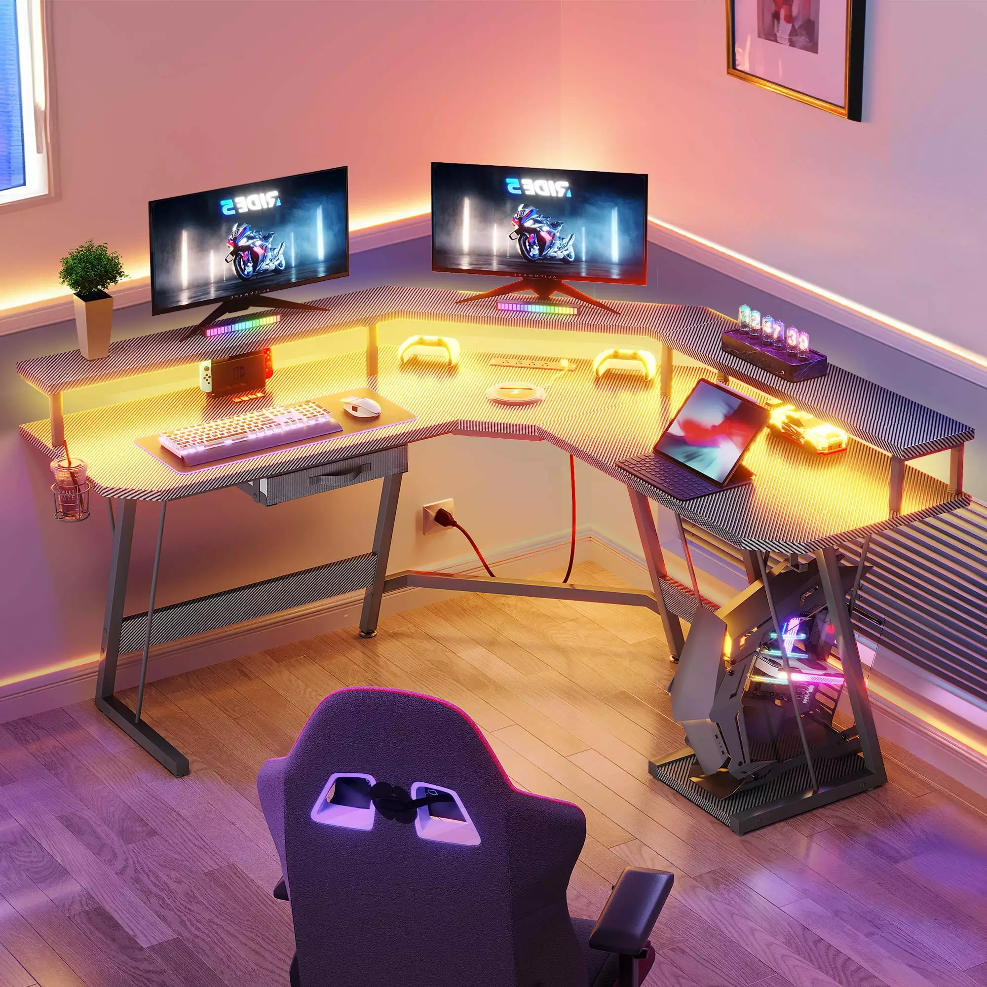 DWVO L Shaped Gaming Desk Large Monitor Riser Stand and LED Power Outlets