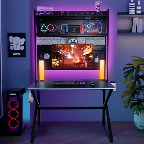 ELECWISH 43 Inch Multi-Functional Gaming Desk Built- Monitor Stand RGB Lighting Wireless Charger