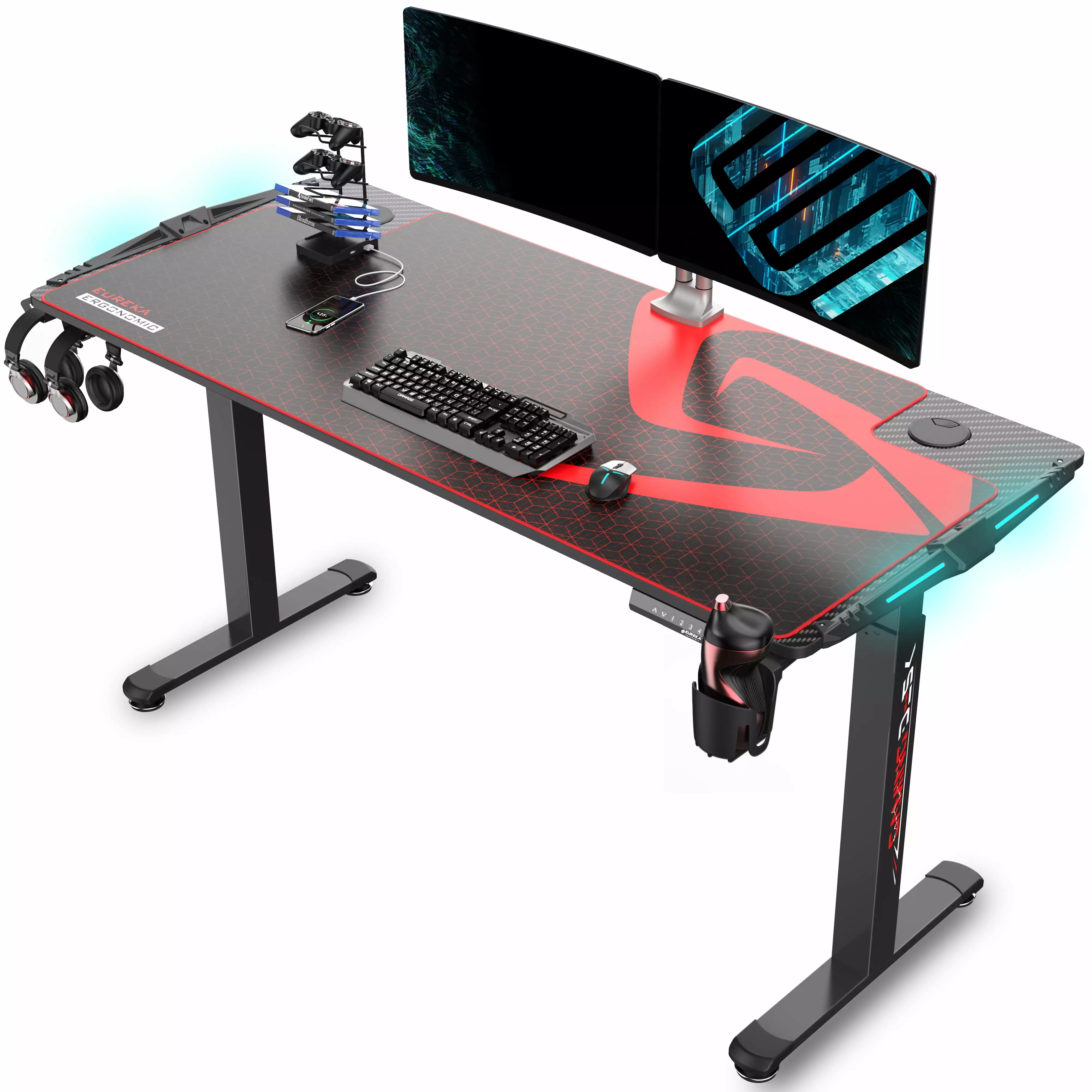 Eureka Ergonomic 65 Large Computer Gaming Desk Electric Height Adjustable Standing Desk RGB LED