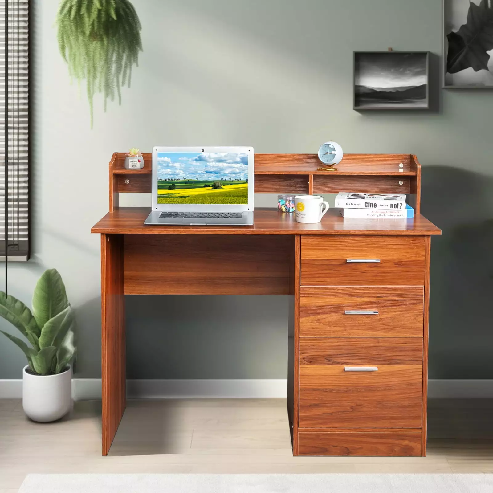 SamyoHome Gaming Desk 3 Drawers Computer Desk Storage Rack Anti-slip Separator Home Office Red Brown FCH