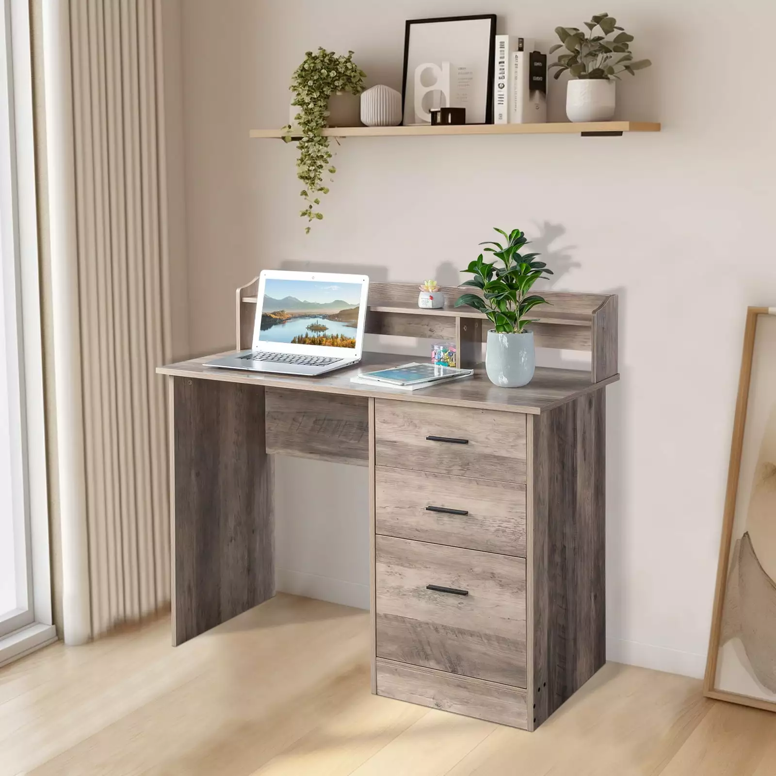 SamyoHome Gaming Desk 3 Drawers, Desktop Storage Rack and Anti-slip Separator Home Office Oak FCH