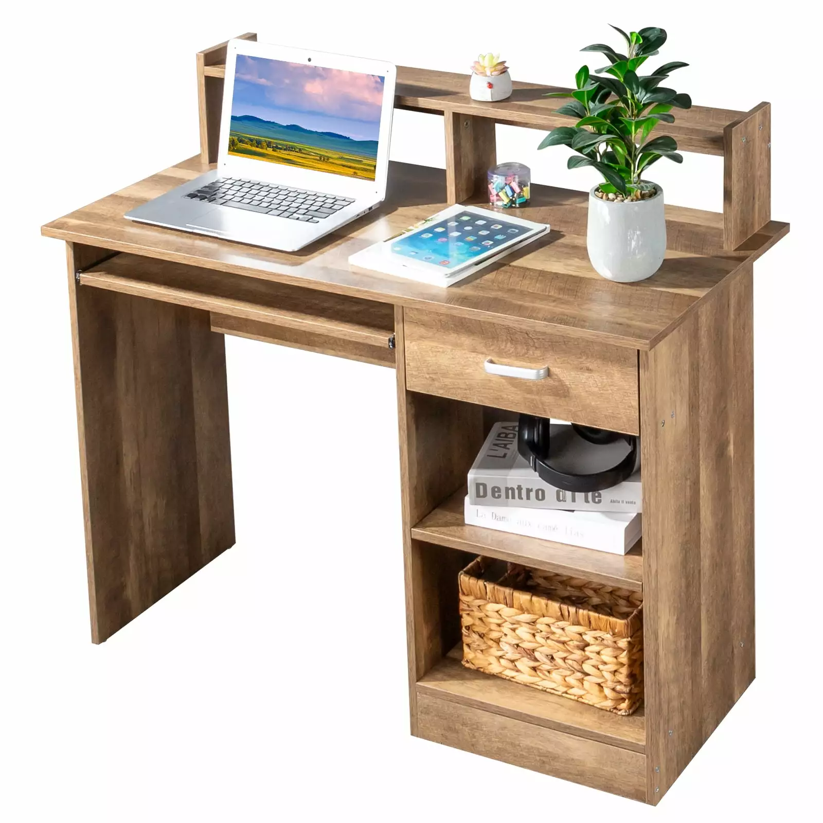 Zimtown Computer Gaming Desk Desktop Storage Rack Adjustable Shelf Cabinet Keyboard Tray Drawers Home Office FCH