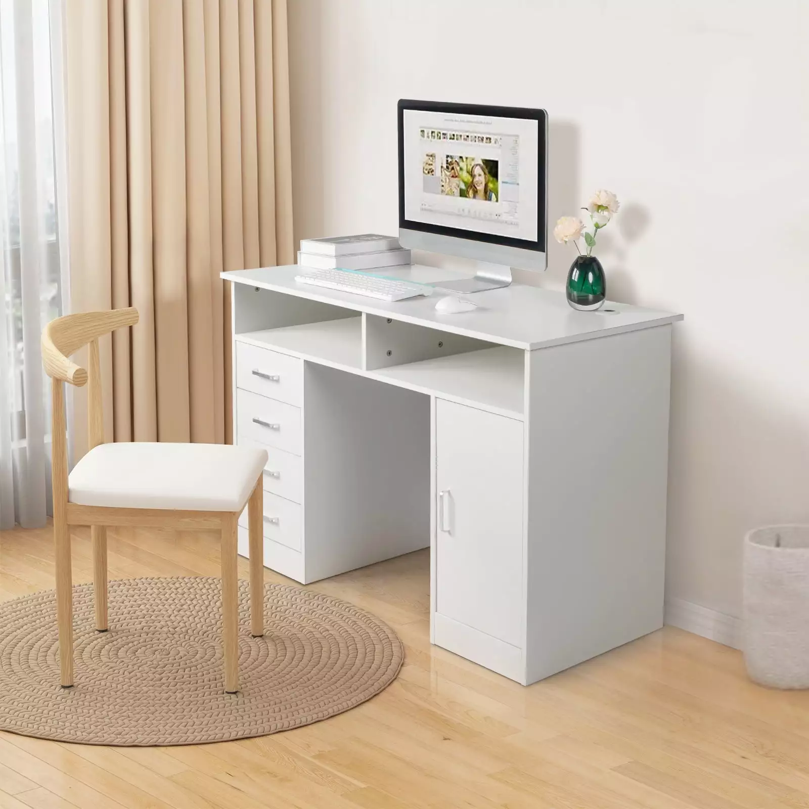 Zimtown White Computer Desk Shelves and Drawer Office Gaming Desk Laptop Study Table FCH