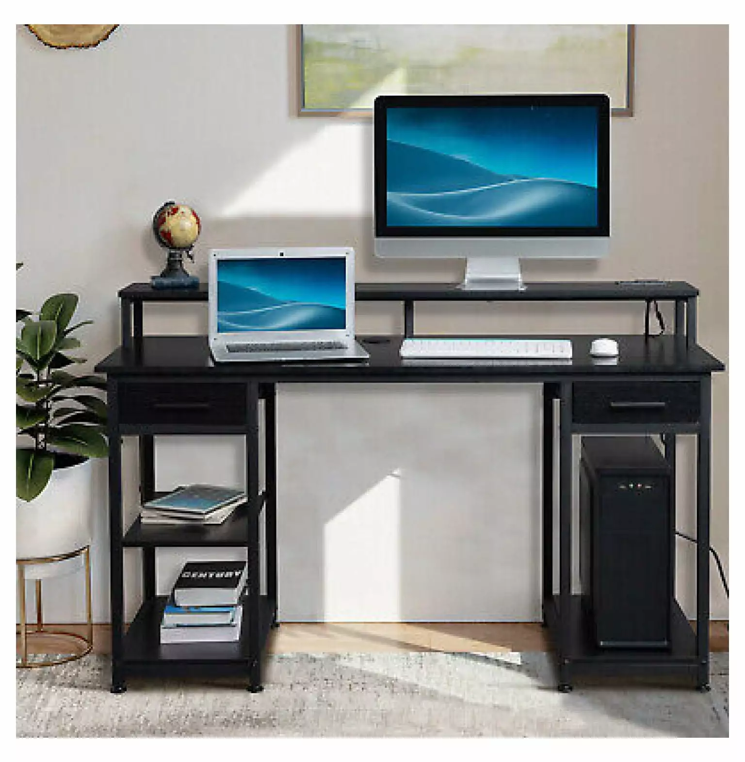 FENG20 Home Office Computer Desk 2 Drawer Gaming Desk LED Lights and Charging Station