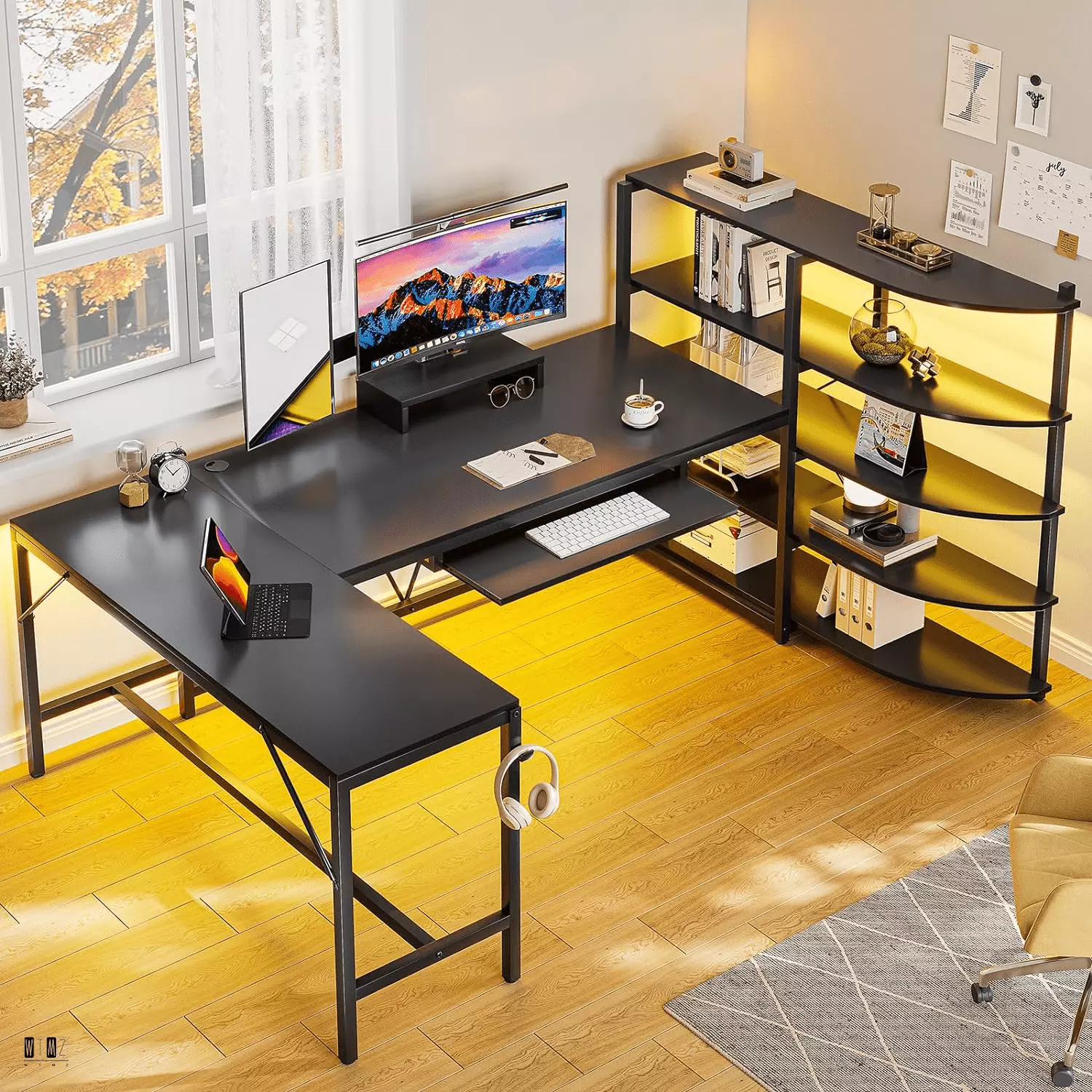 65 L-Shaped Gaming Table Corner Gaming Table Storage Shelves Expandable Keyboard Tray and LED Lights FHWM-WTMZ