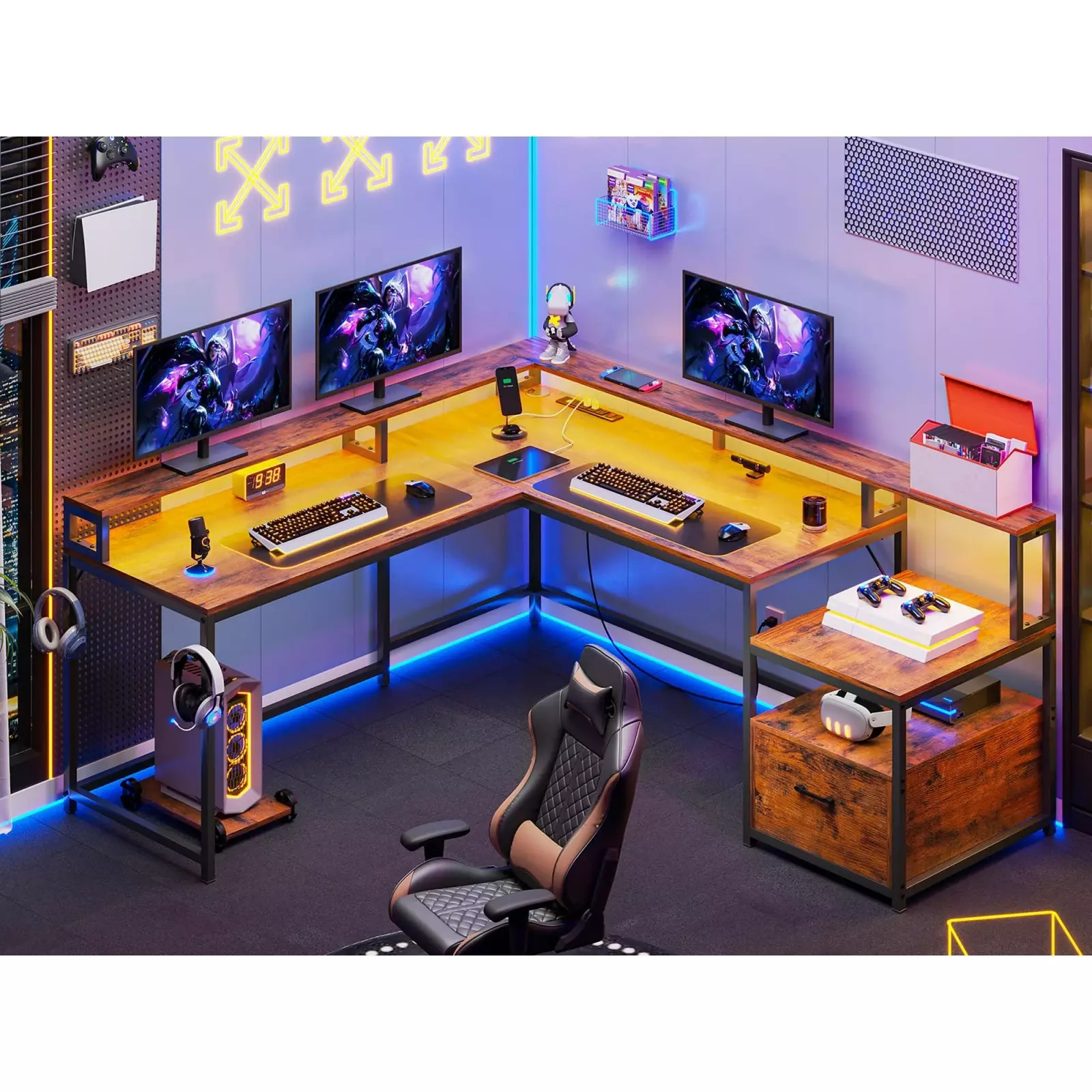 L Shaped Desk Hutch Storage Shelves and Power Outlet Gaming FHWM2