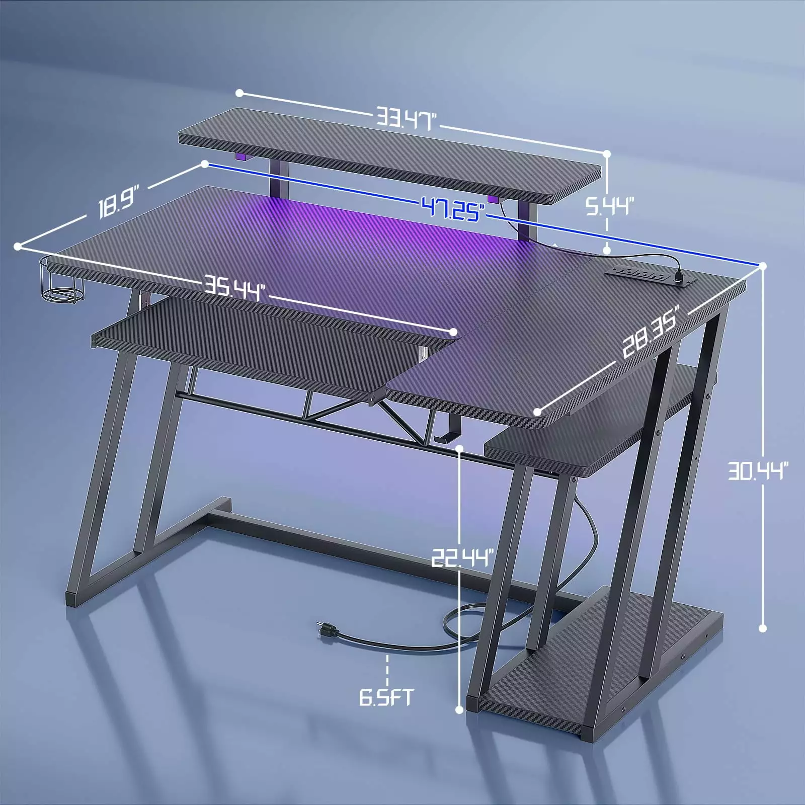 Reversible L Shaped Computer Desk Gamer Carbon Fiber Black 47 Gaming Desk Shelves and Outlets LED Lights FHWMCCL