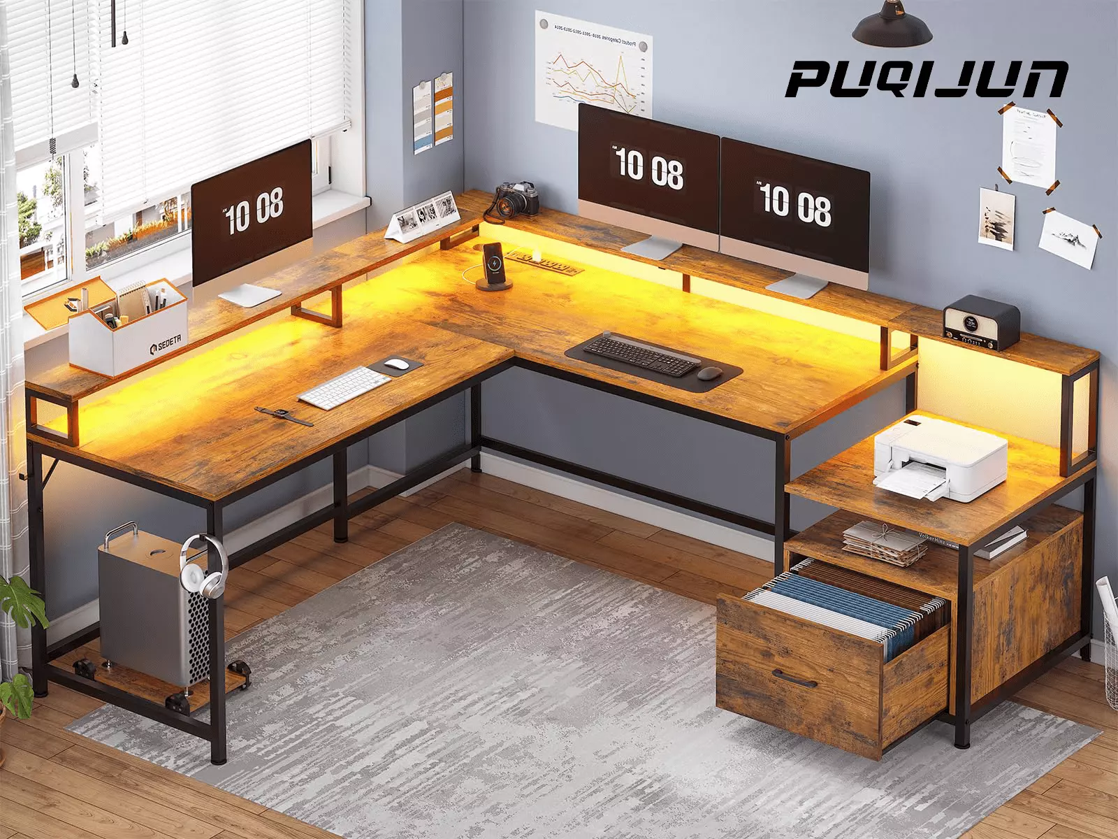 L Shaped Desk 66 Home Office Desk File Drawer Power Outlet Gaming Desk LED Lights Corner Computer Desk FHWMLCX