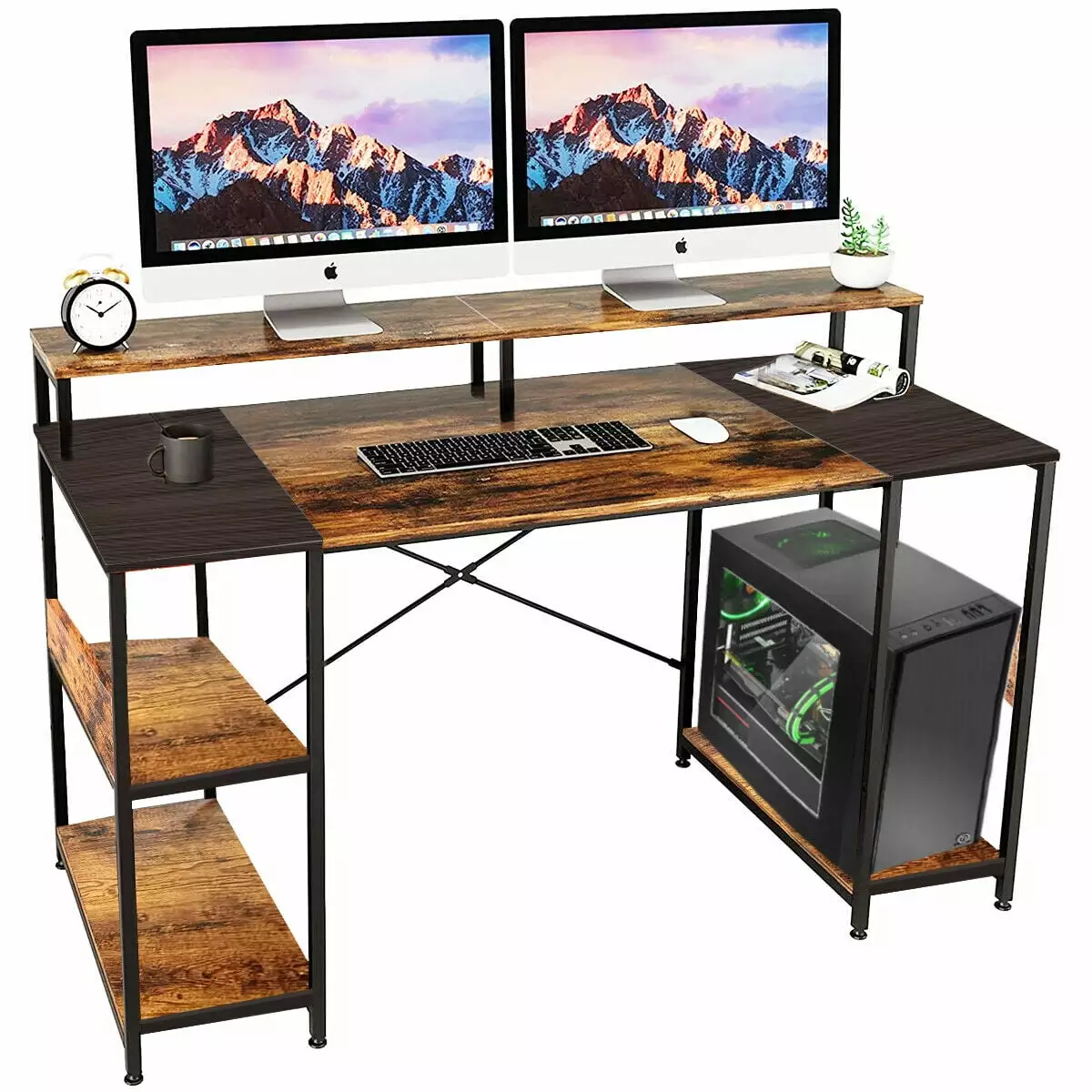 Garberiel 59 Inch Computer Desk Monitor Shelf Rustic Brown Black Home Office Gaming Desk