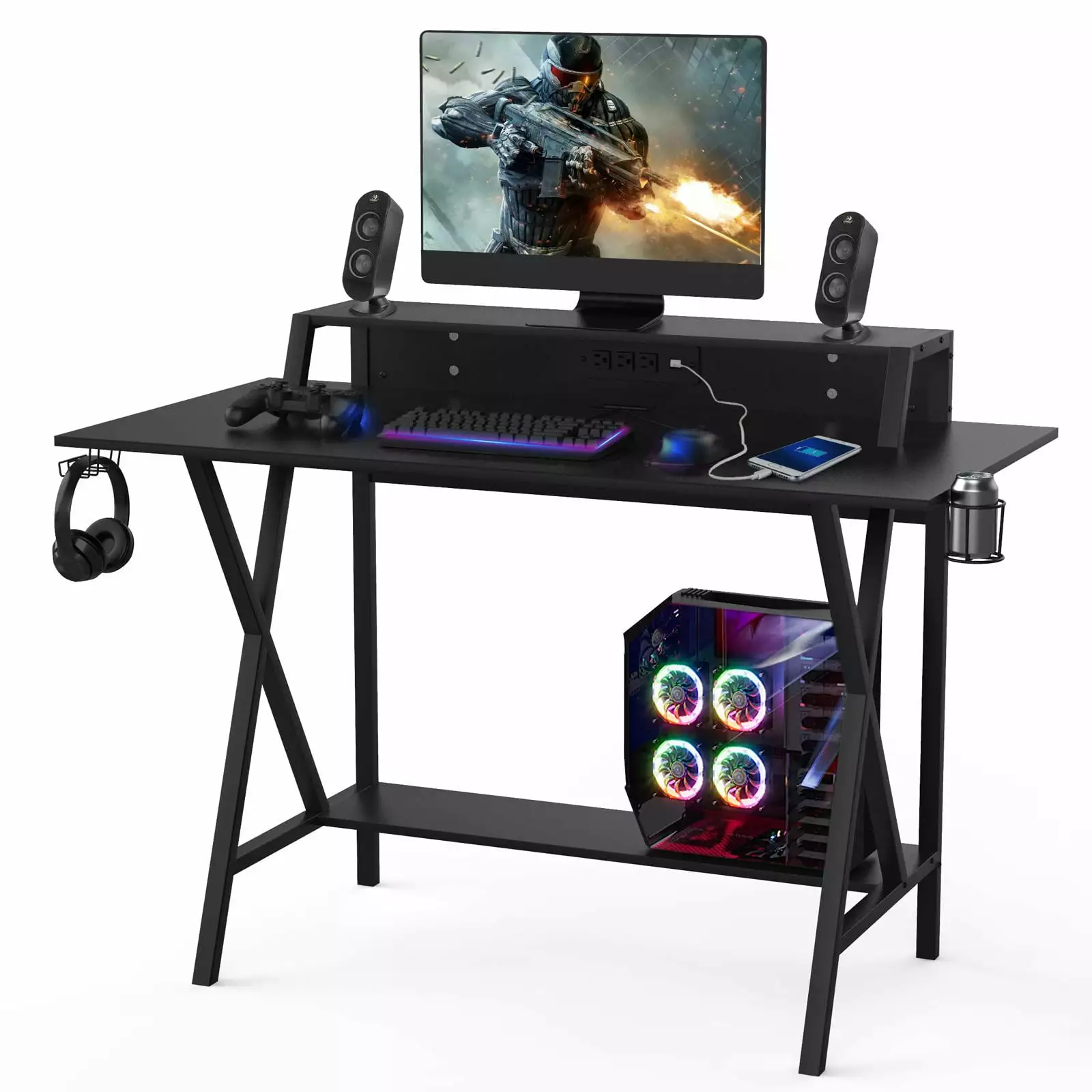 Giantex Gaming Desk Computer Workstation Cup & Headphone Holder and USB Ports