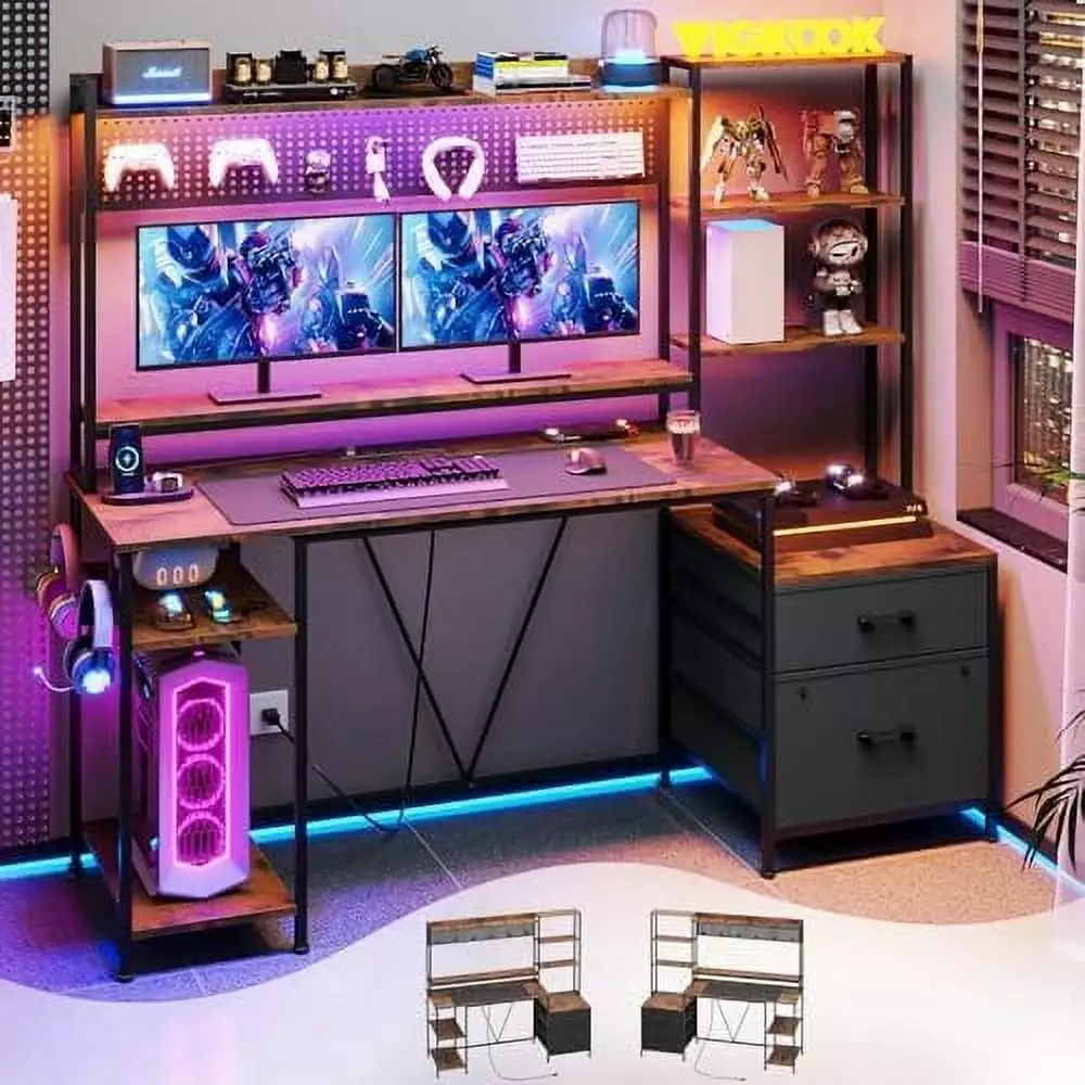 65in Reversible Gaming Desk Hutch Power Outlets LED Light and Pegboard GJDRTBJU