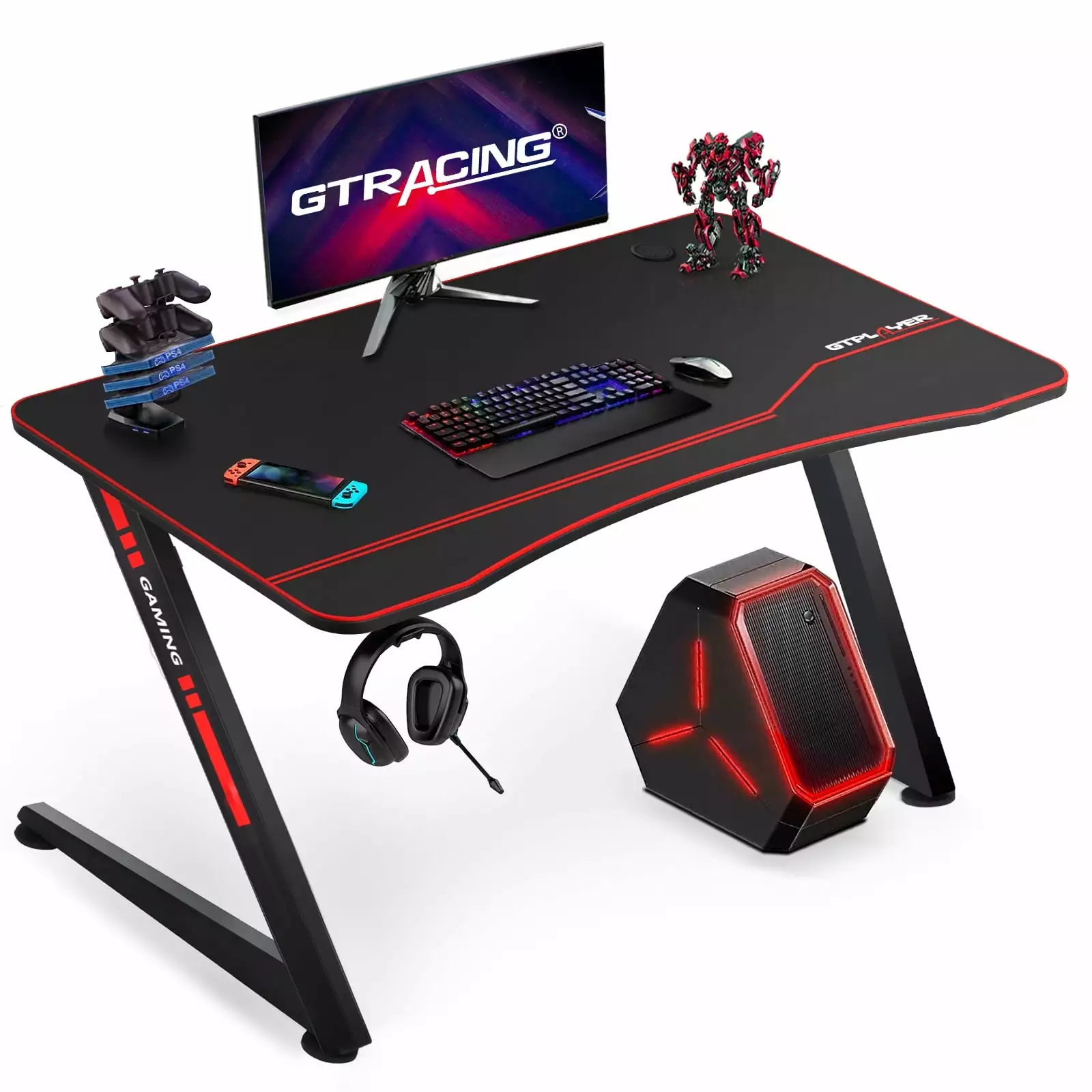 GTRACING 39 Large RGB Gaming Desk Z Shaped Office Desk Spacious Work Surface Table Black Ergonomic Design