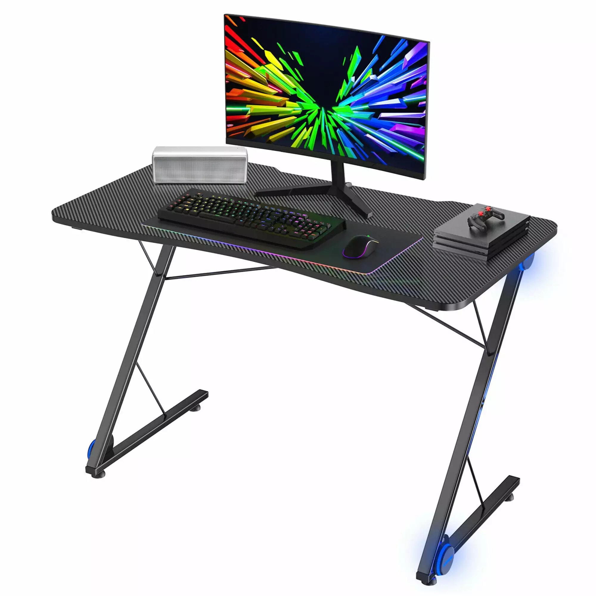 Gymax 43.5 Inch Z Shape Gaming Desk LED Lights Office PC Computer Gamer Table