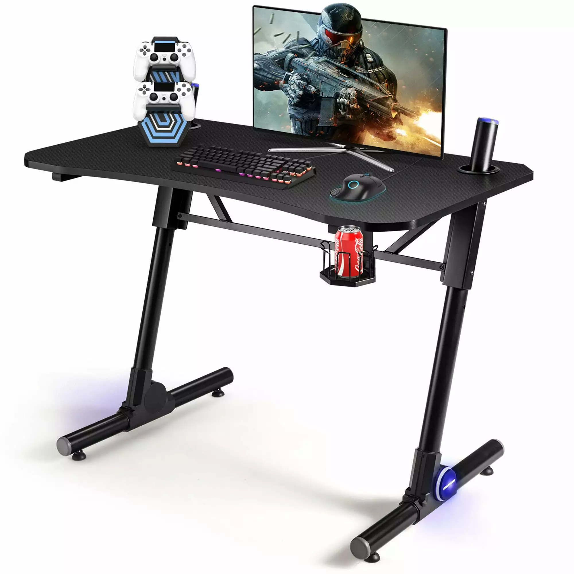 Gymax Gaming Computer Desk Height Adjustable LED Light & Gaming Handle Rack