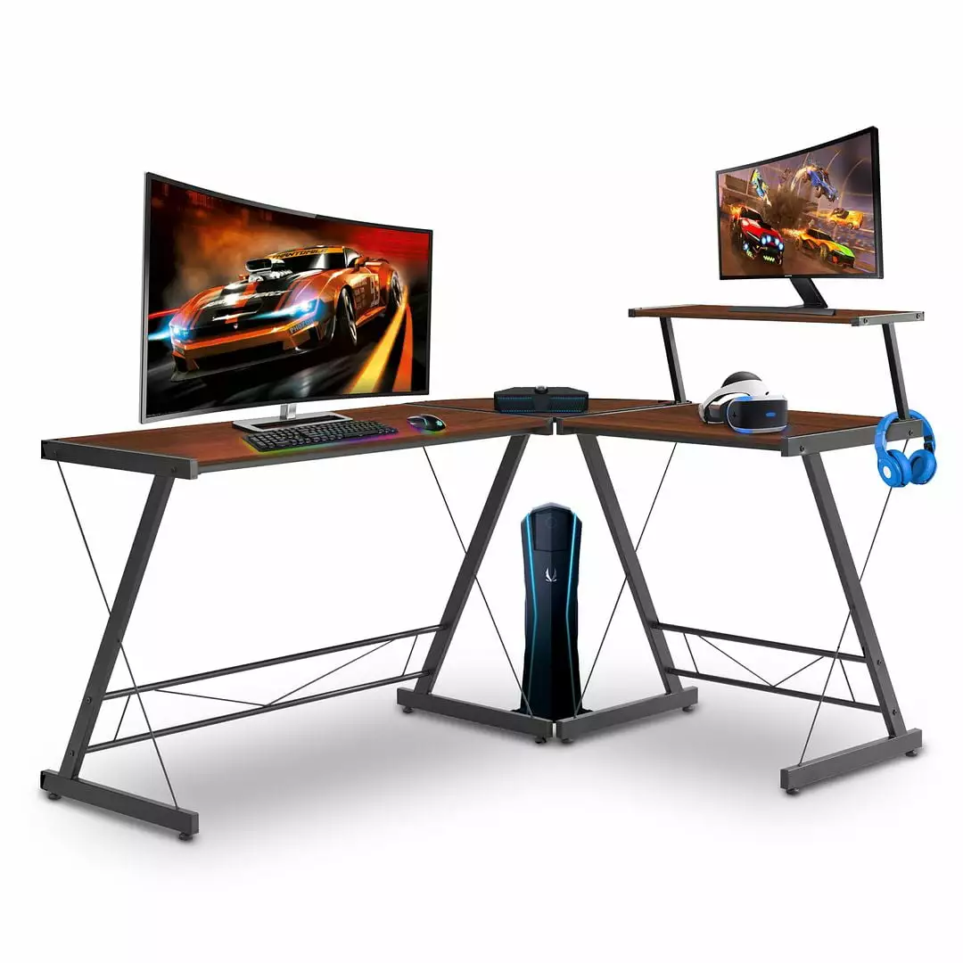 Halter L Shaped Gaming Desk Small Spaces Brown 59 Inch Depth 29 Inch Height