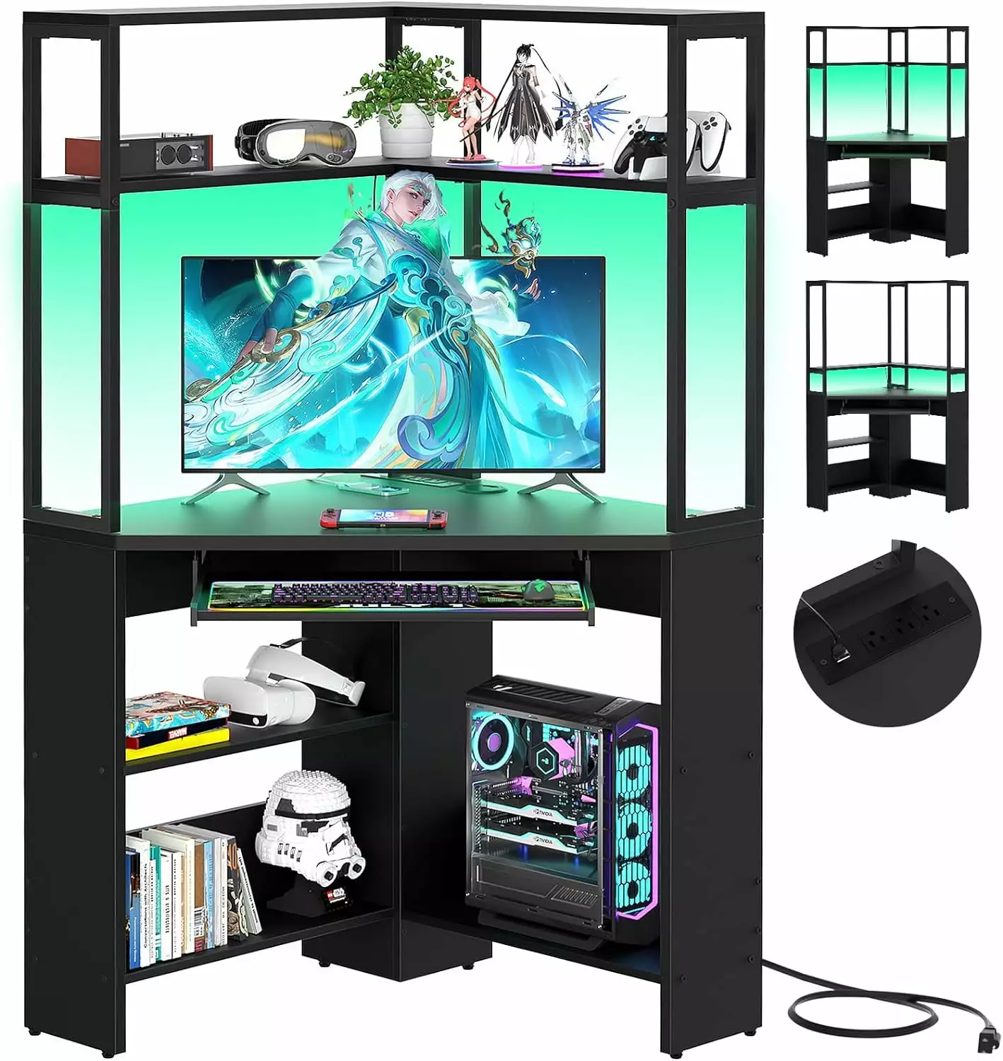 Homieasy Corner Computer Desk Power Outlets LED Light and Keyboard Tray Gaming