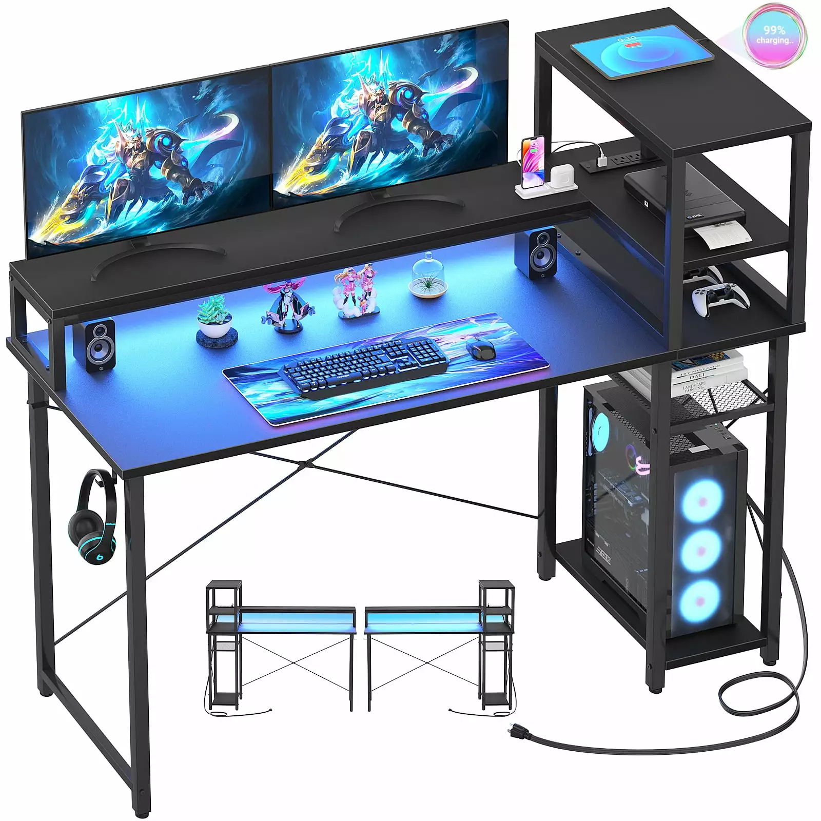 Homieasy Gaming Desk Power Outlet and USB Ports 47 inch Ergonomic Computer Desk LED Strip and Monitor Stand Reversible Sma...