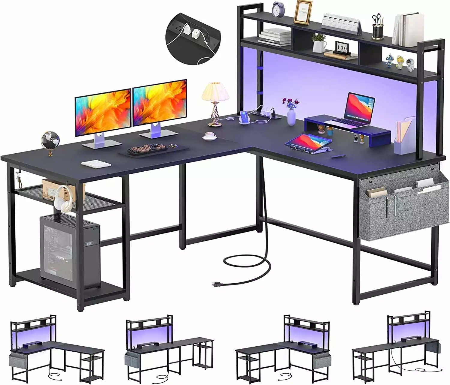 Homieasy L Shaped Desk Power Outlet USB Ports 86.6 Inch Reversible Gaming Desk Monitor Stand LED Strip