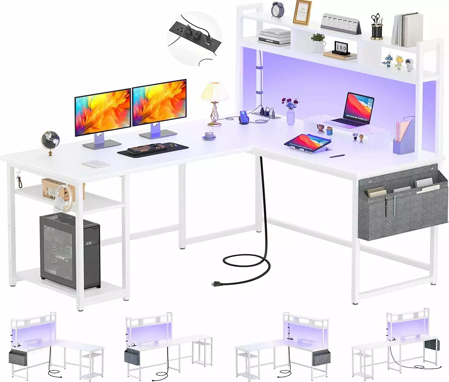Homieasy L Shaped Desk Power Outlet & USB Ports 86.6 Reversible L-Shaped Gaming Desk Monitor Stand & LED Strip 2 Person Co...
