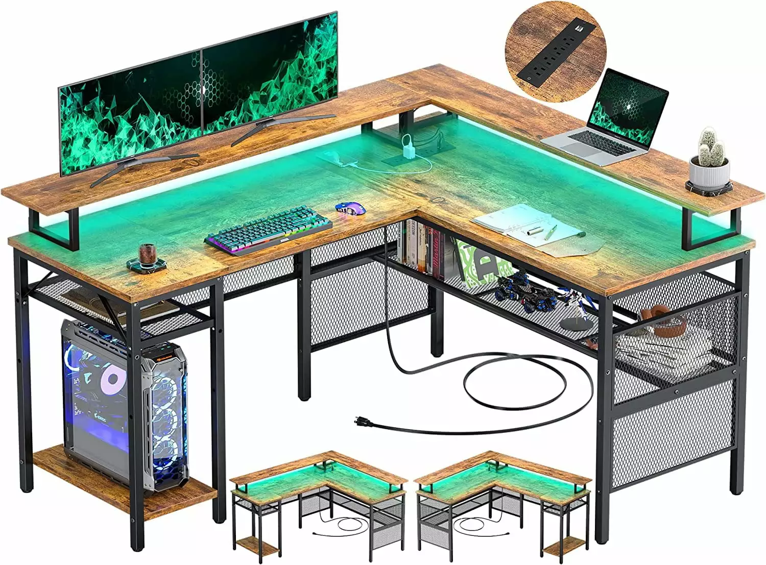 Homieasy L Shaped Desk Power Outlets and LED Light - 55 inch Reversible Gaming Desk Monitor Stand