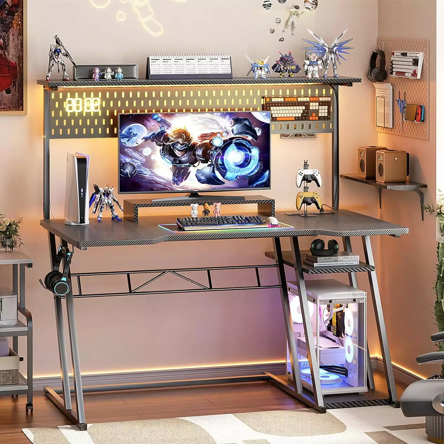 iSunirm 47 Inch Black Gaming Desk LED Light and Storage Shelf, DIY Pegboard & Monitor Stand