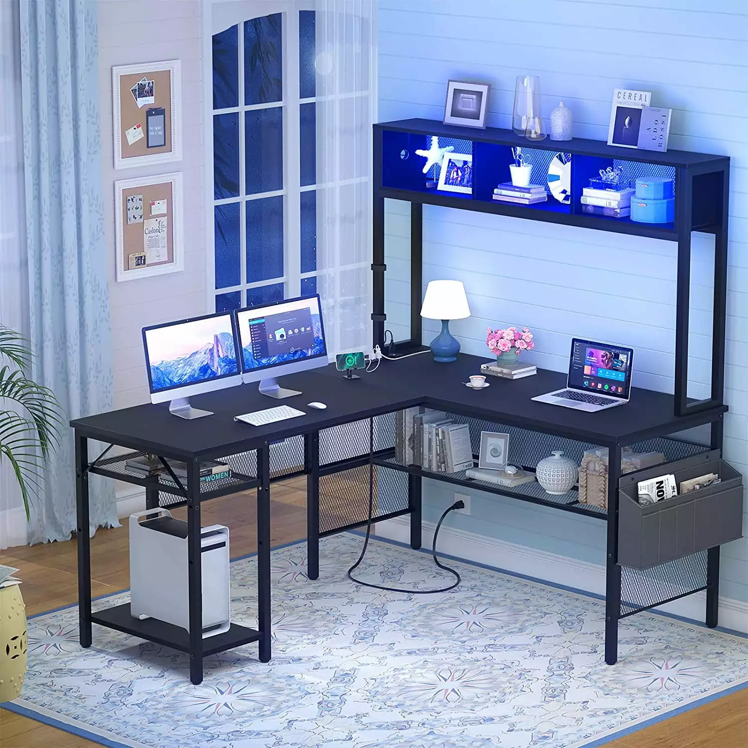 iSunirm L Shaped Computer Desk LED Strip and Power Outlets Reversible Corner Desk Storage Shelves Black