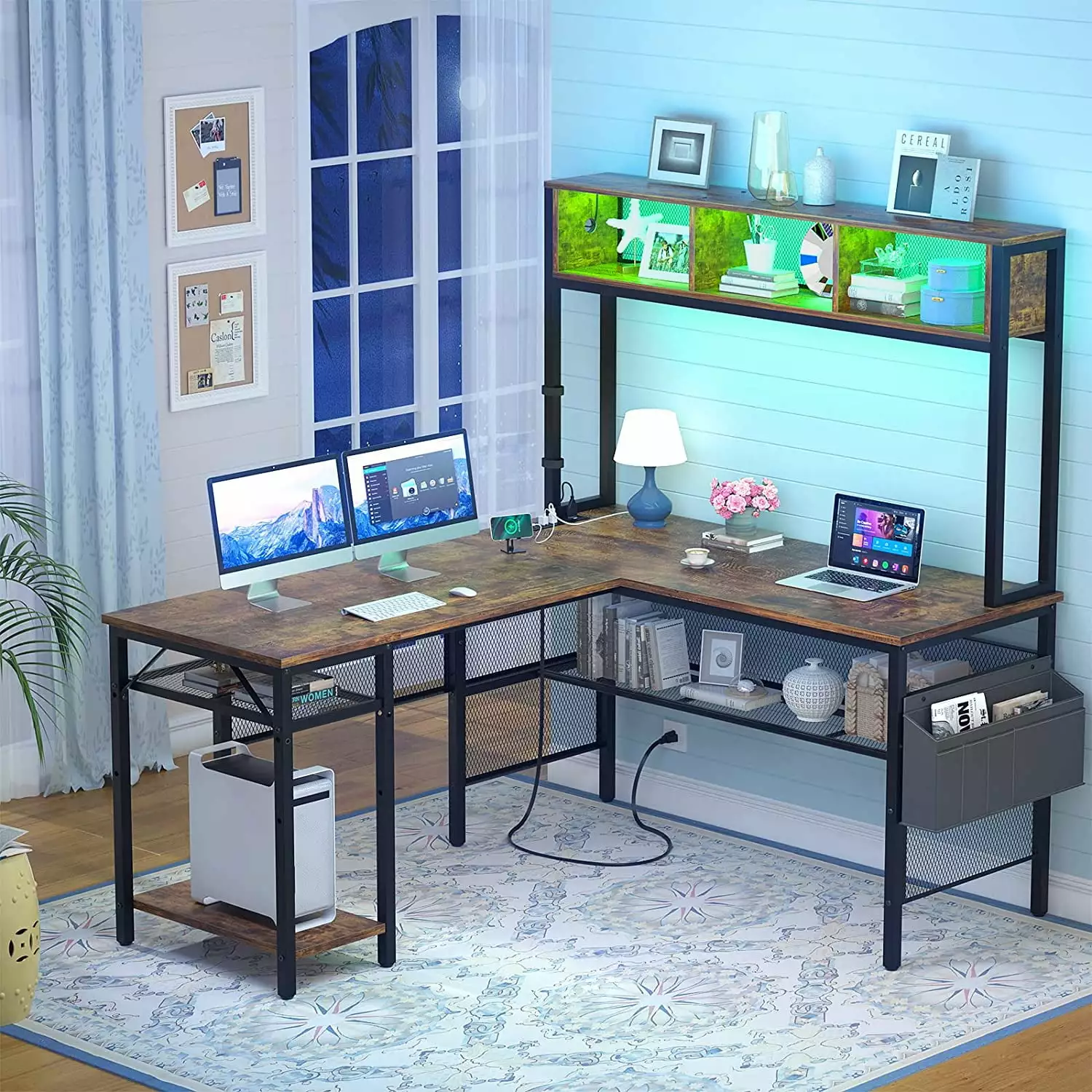 iSunirm L Shaped Computer Desk LED Strip and Power Outlets Reversible Corner Desk Storage Shelves Rustic Brown