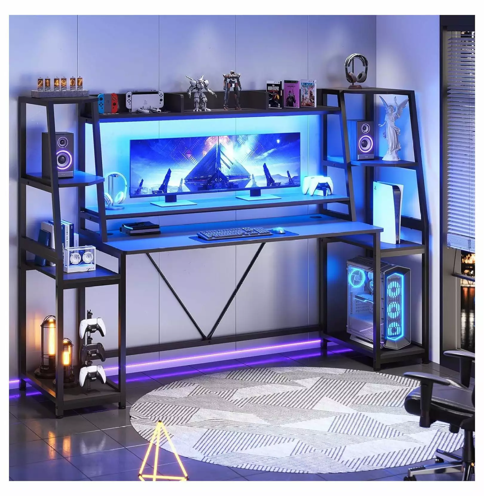 Killeryuki Gaming Desk 78.8 Inch LED Lights Hutch and Storage Shelves Ergonomic PC Gamer Desk Black