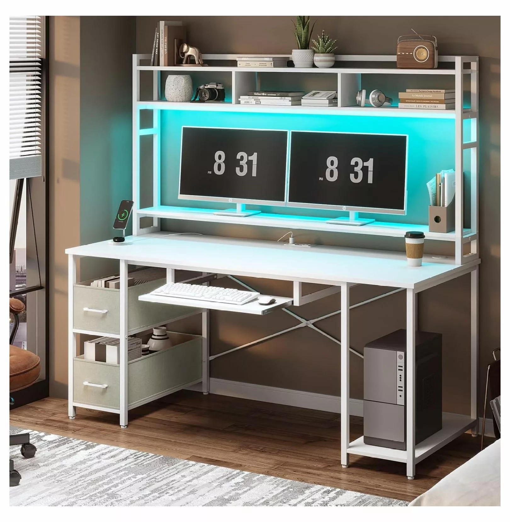 Killeryuki 55 Inch White Gaming Desk Hutch, LED Lights & Power Outlet - Home Office Desk