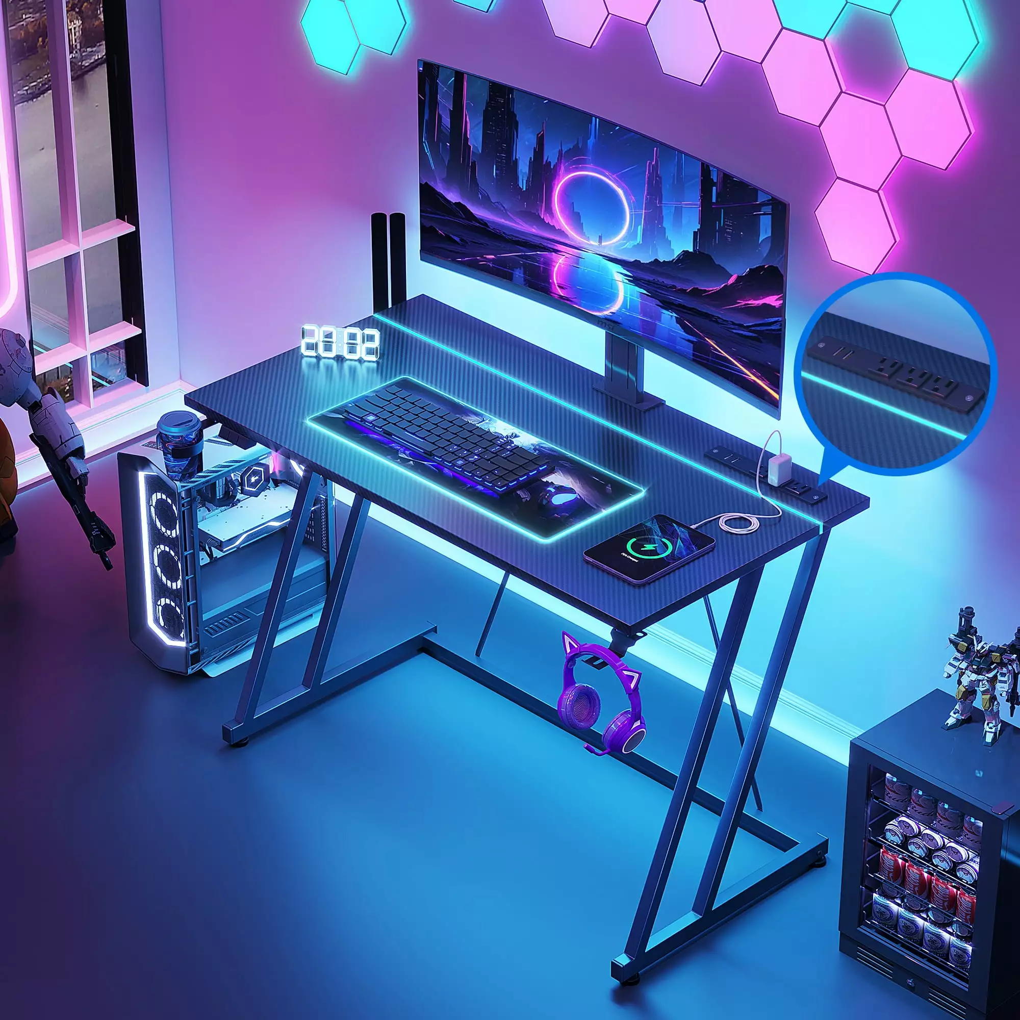 31.5 Inch Small Gaming Desk LED Lights & Power Outlet Boys and Men KKL