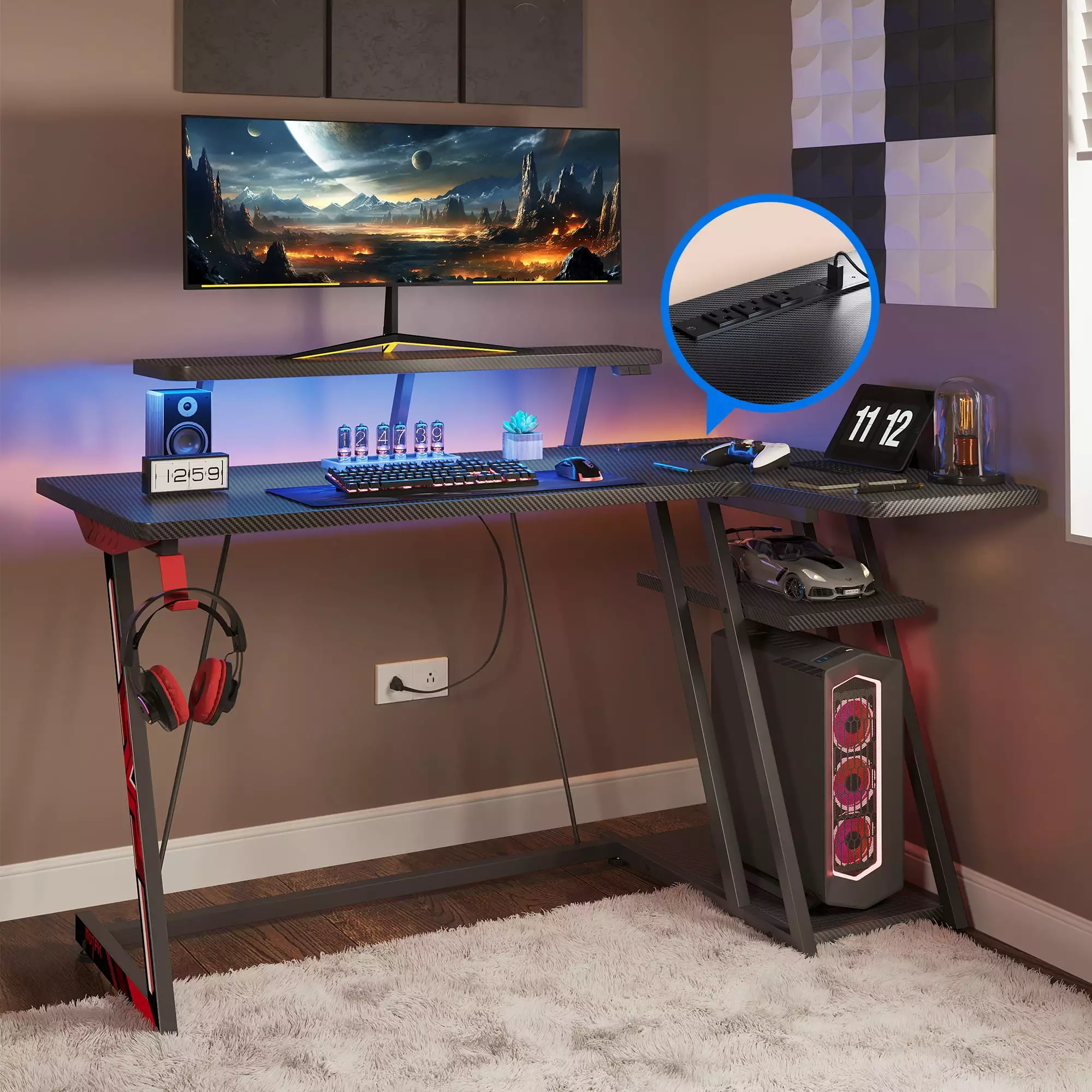 39 Inch Gaming Desk L Shaped Storage Shelf & Power Outlets Black KKL