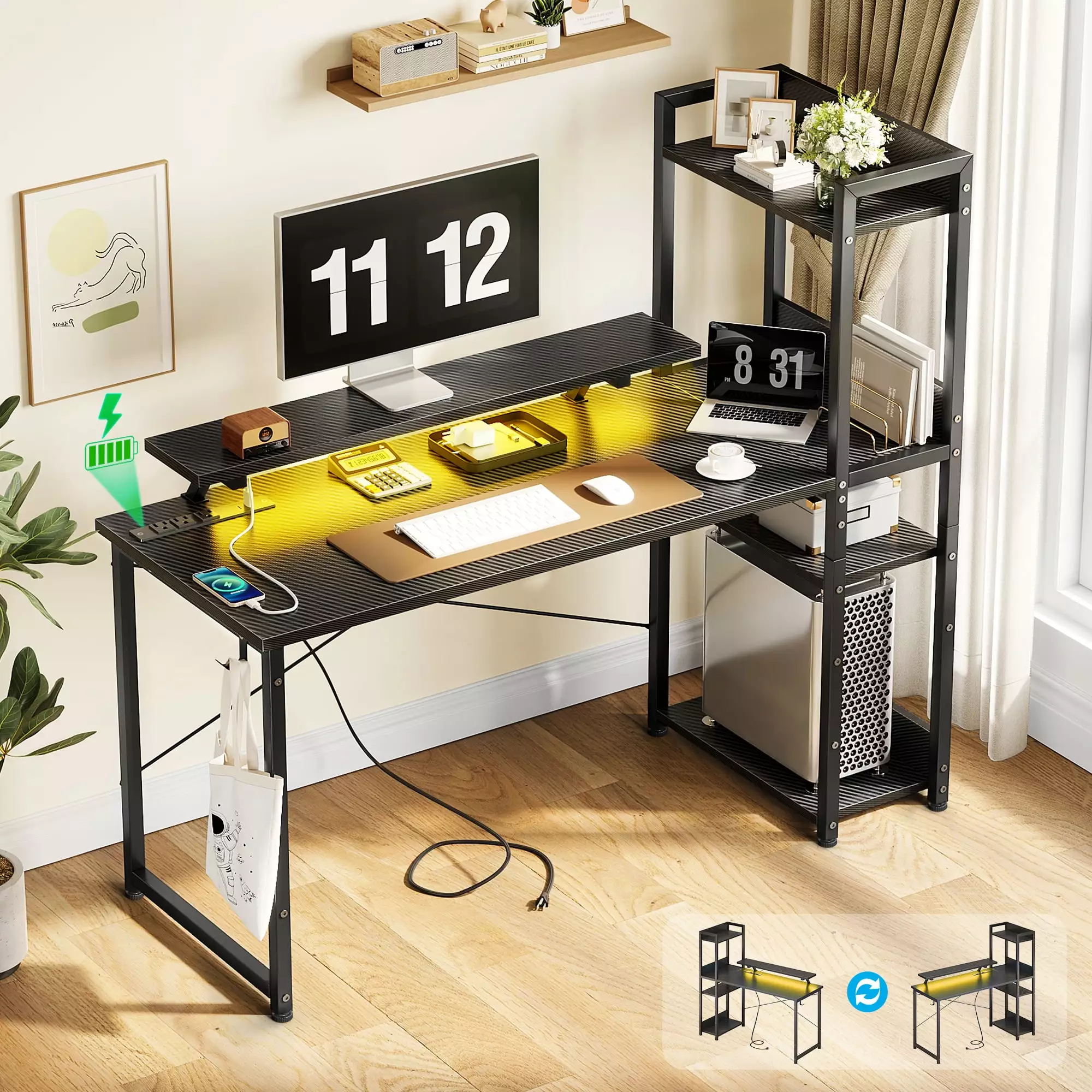 40 Inch Reversible Gaming Desk Power Outlets LED Lights Carbon Fiber Black KKL
