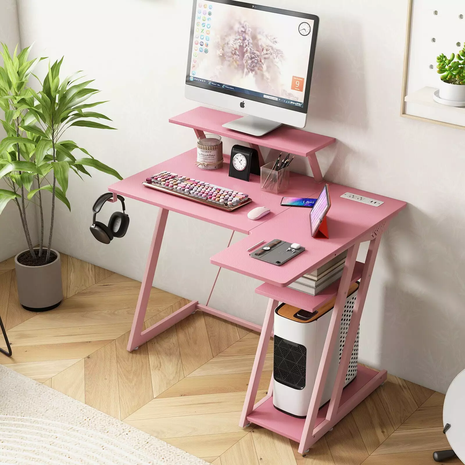 Laijoy Computer Desk Built- Charging Station Metal Frame Game Desk Display Rack