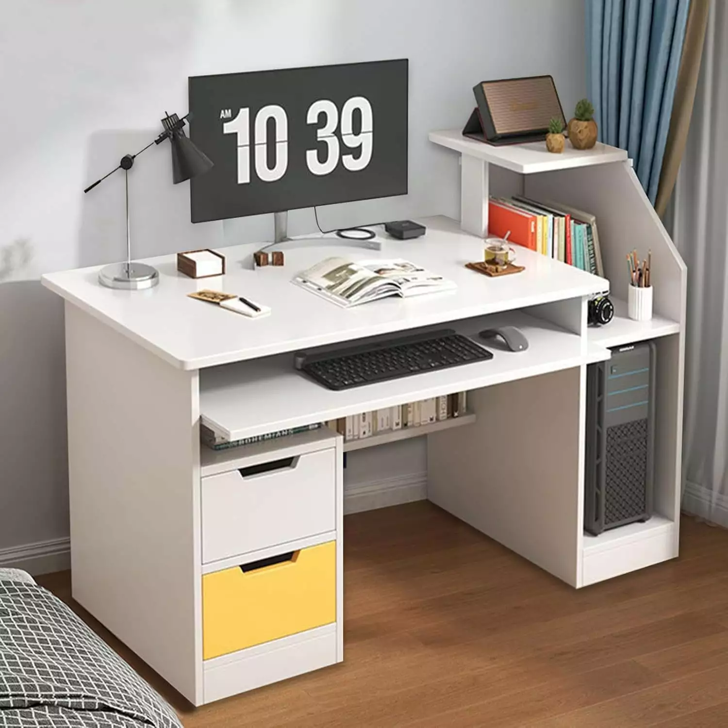 47 Inch White Modern Gaming Desk 2 Drawers and 3 Hutch Shelves LHY