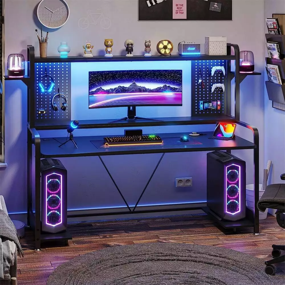 55 Inch Gaming Computer Desk Hutch Shelves and LED Lights Gamer PC Table LilyLus