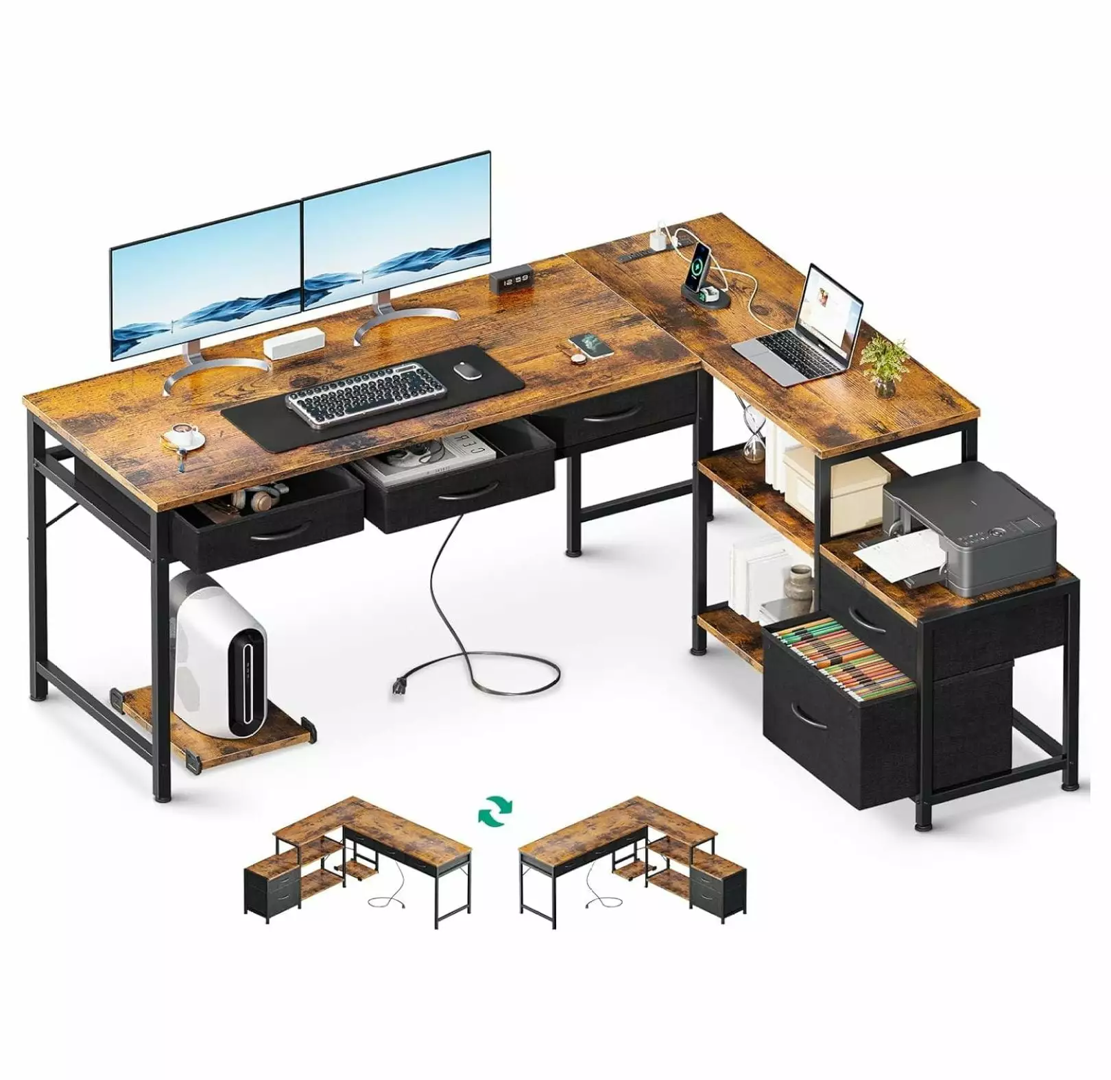 LirtedAura L Shaped Computer Desk Fabric Drawers and Power Outlets