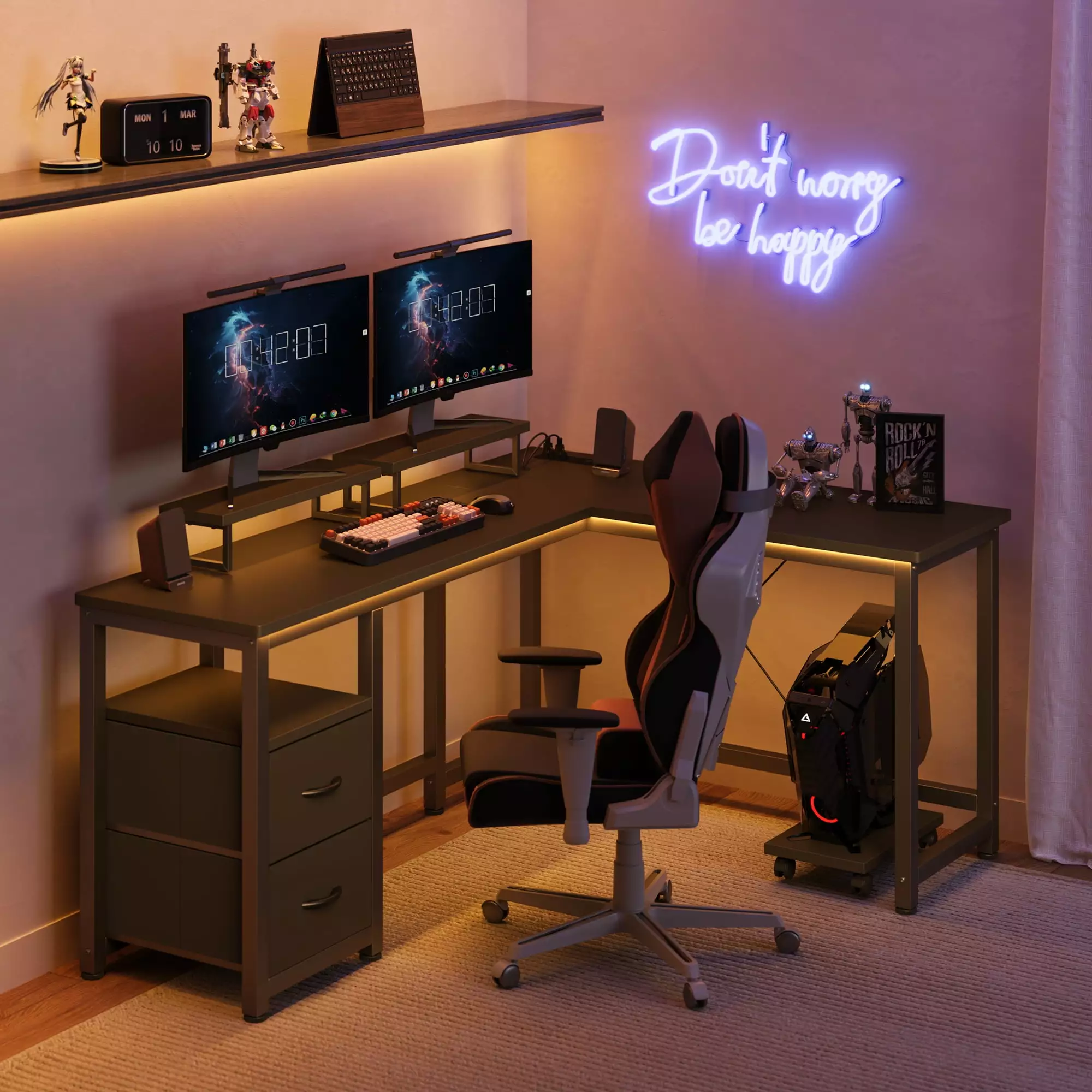 Lofka 66 L Shaped Gaming Desk Power Outlets Computer Desk Shelf and Drawers Home Office Black