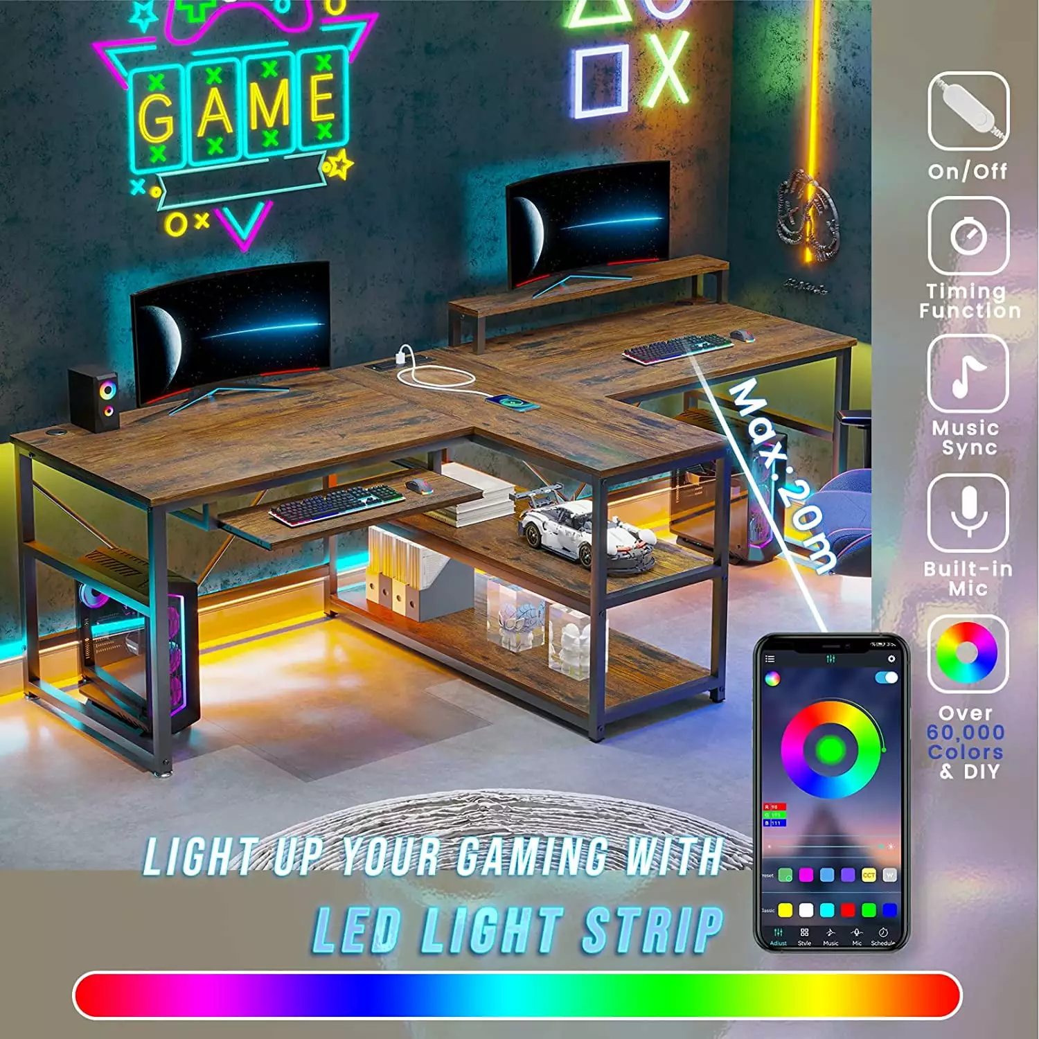 LED Computer Desk - 94.5 Inch Two Person Gaming Desk USB Ports, Outlets, and Storage - Brown Home Office Desk Mabor