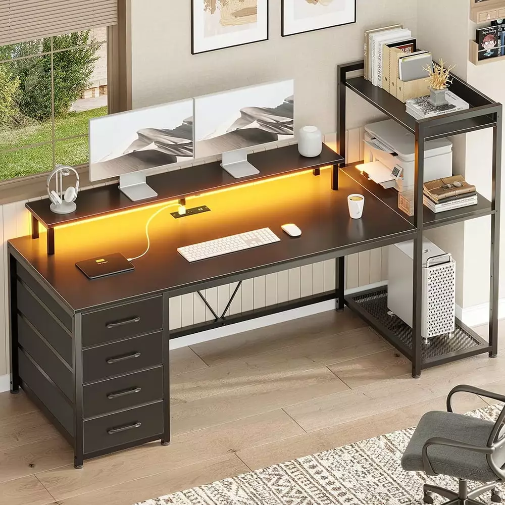MIDODO 59 Computer Desk 4 Drawers Gaming Desk LED Lights Power Outlets Large Storage Space