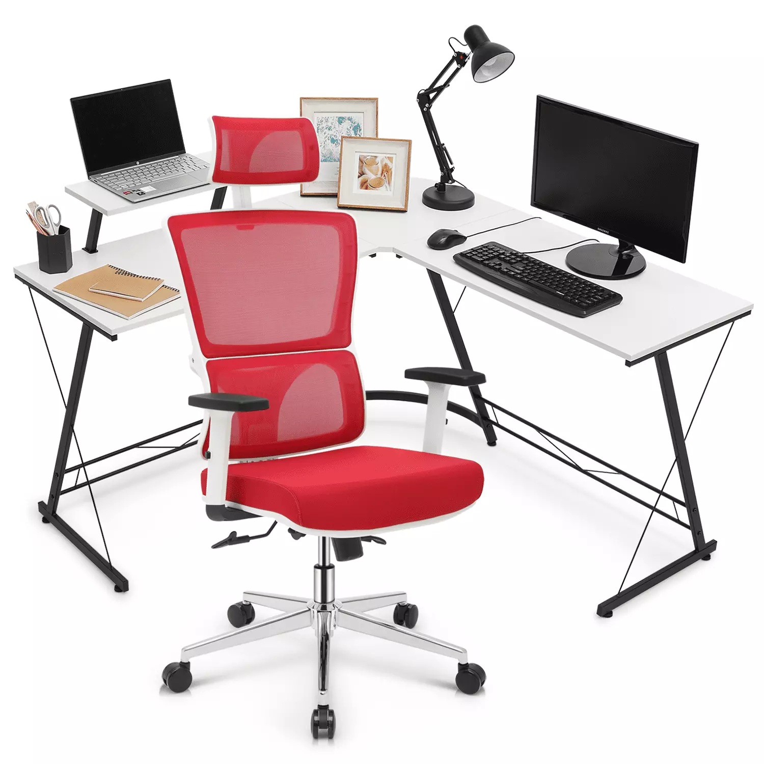 MoNiBloom L Shaped Gaming Desk Workstation Monitor Stand and Swivel Task Chair Set Red